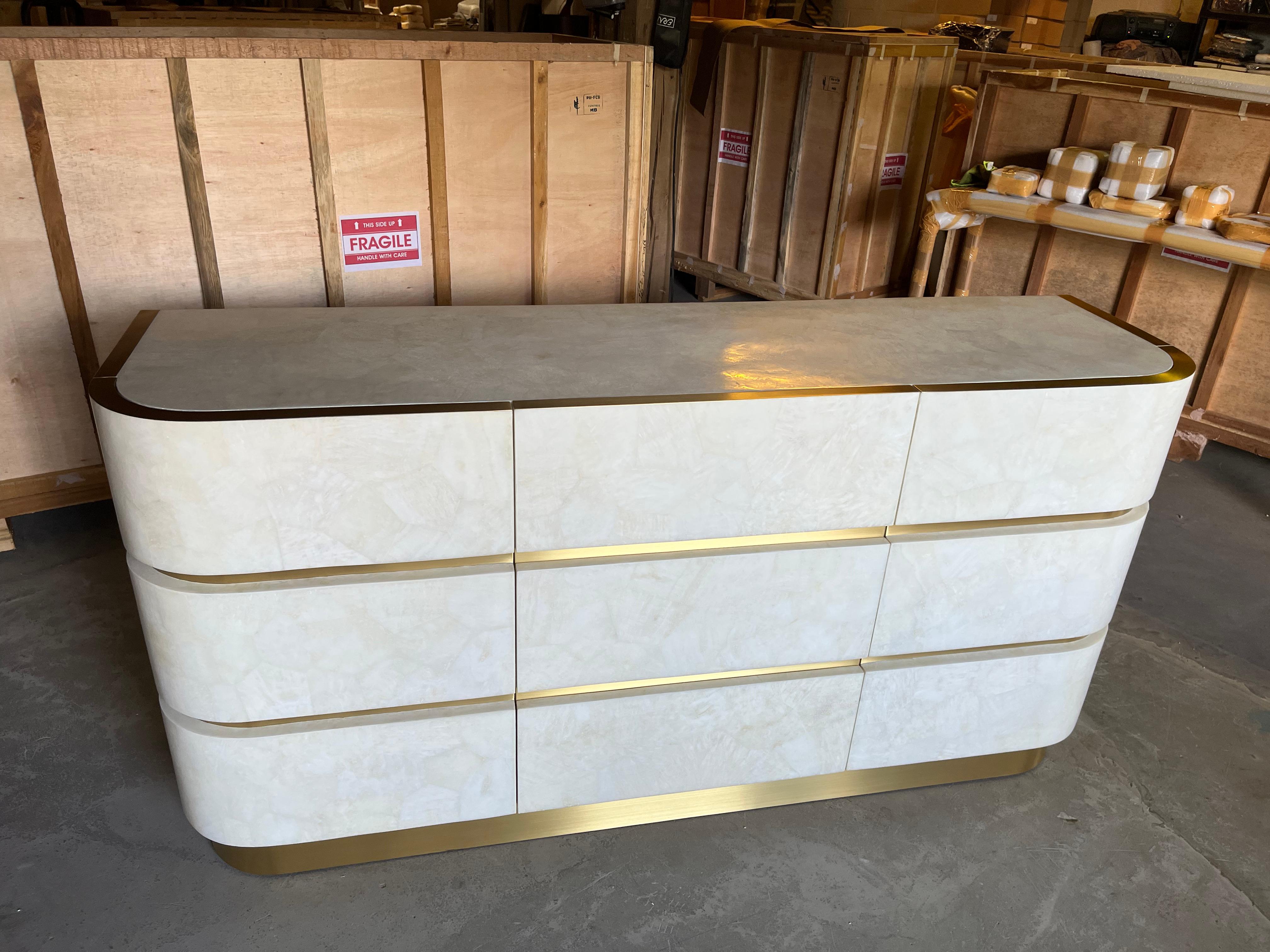 Hand-Crafted Sideboard in White Rock Crystal and Brass by Ginger Brown For Sale