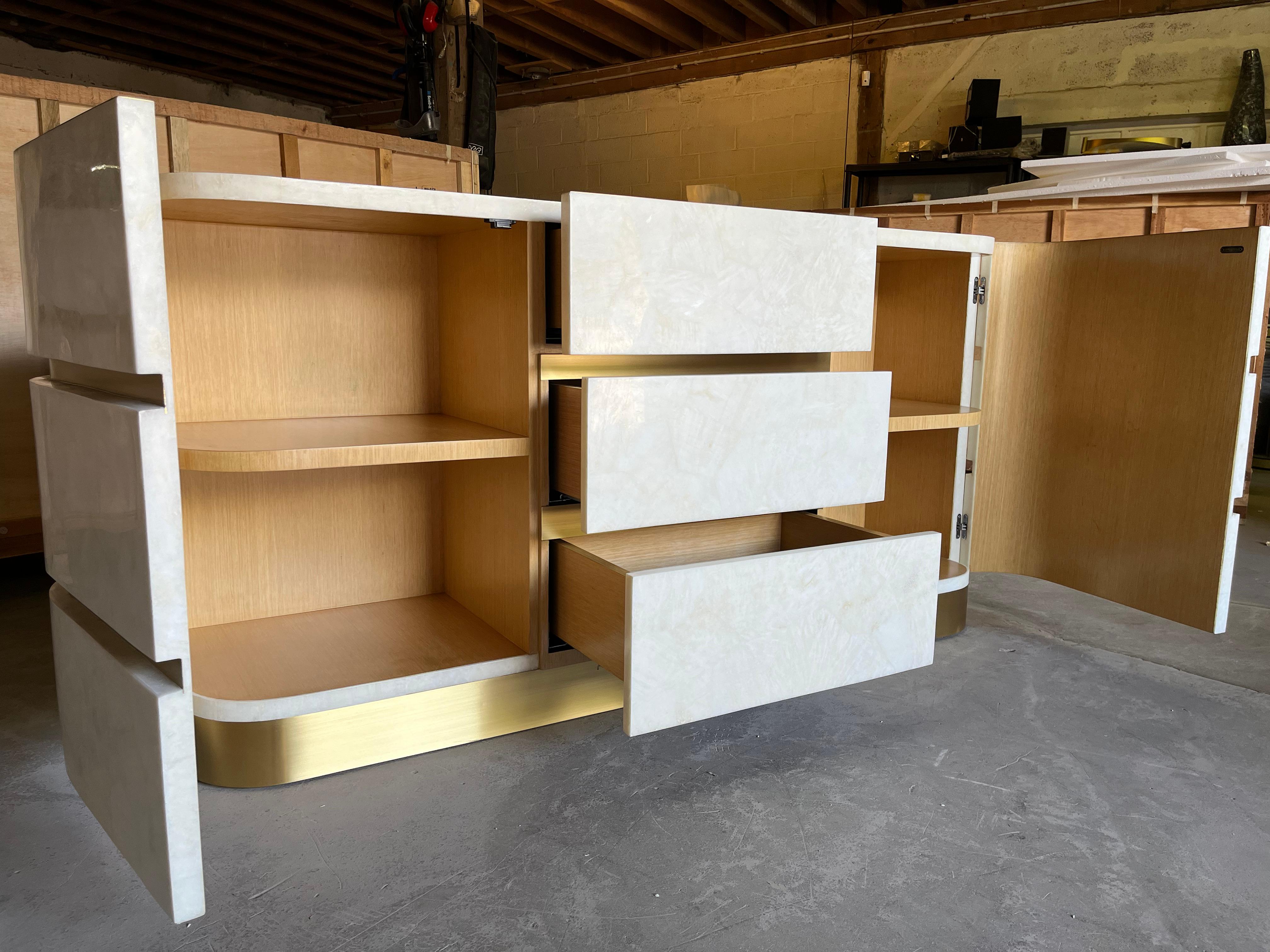 Contemporary Sideboard in White Rock Crystal and Brass by Ginger Brown For Sale