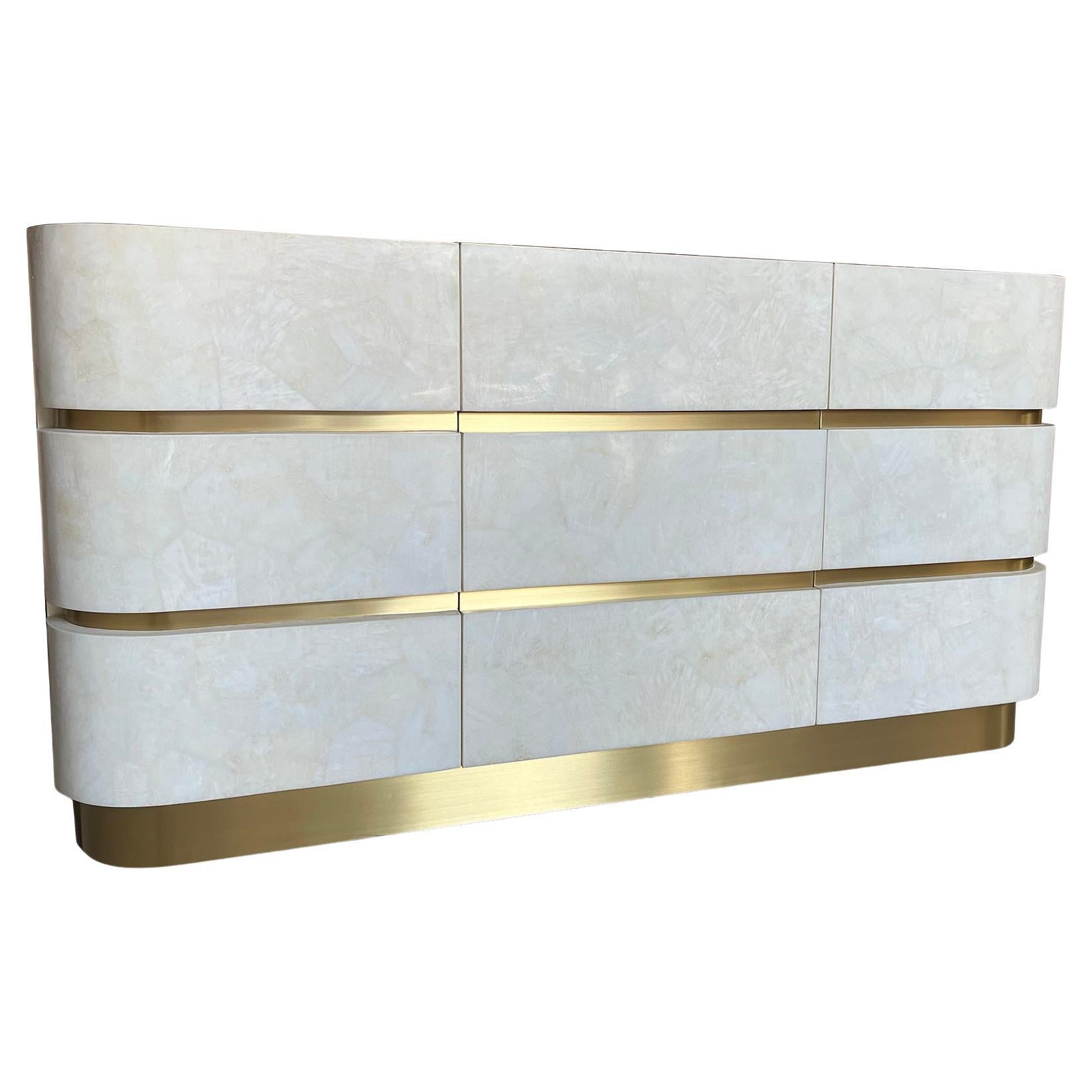 Sideboard in White Rock Crystal and Brass by Ginger Brown For Sale