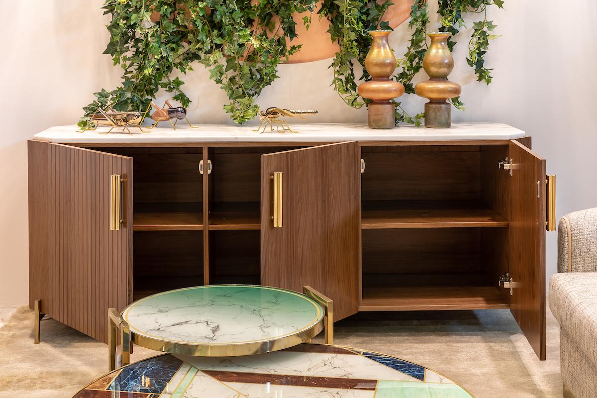 Contemporary Sideboard in Wood, Brass and Marble Malcolm For Sale