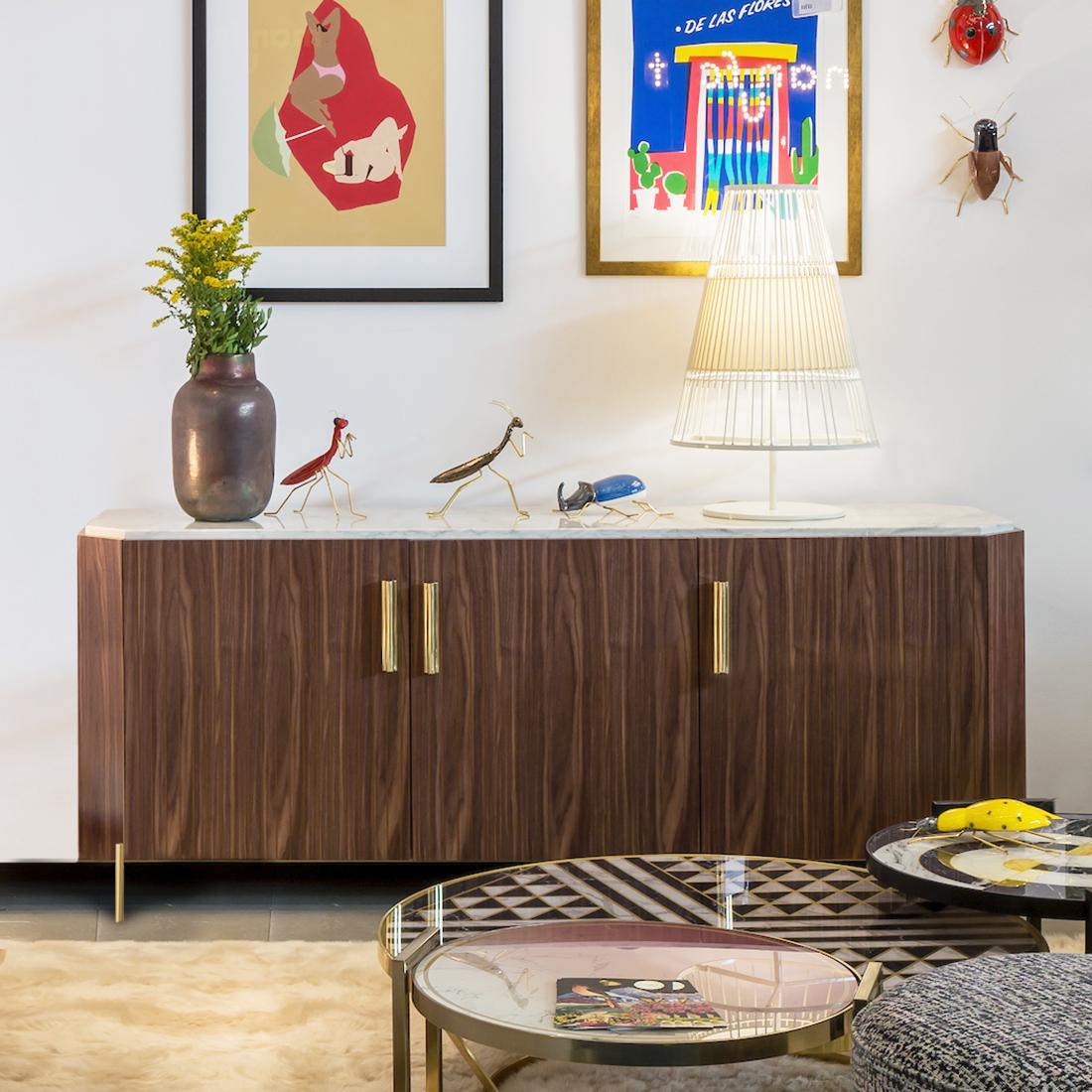 Gold Plate Sideboard in Wood, Brass and Marble Malcolm For Sale