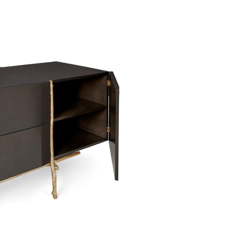 Modern Sideboard in Wood Veneer Body & Cast Brass Structure For Sale