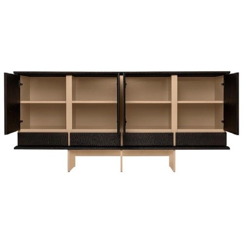 Modern Sideboard Made Of Hand-Carved Wood With Lacquered Iron Feet For Sale
