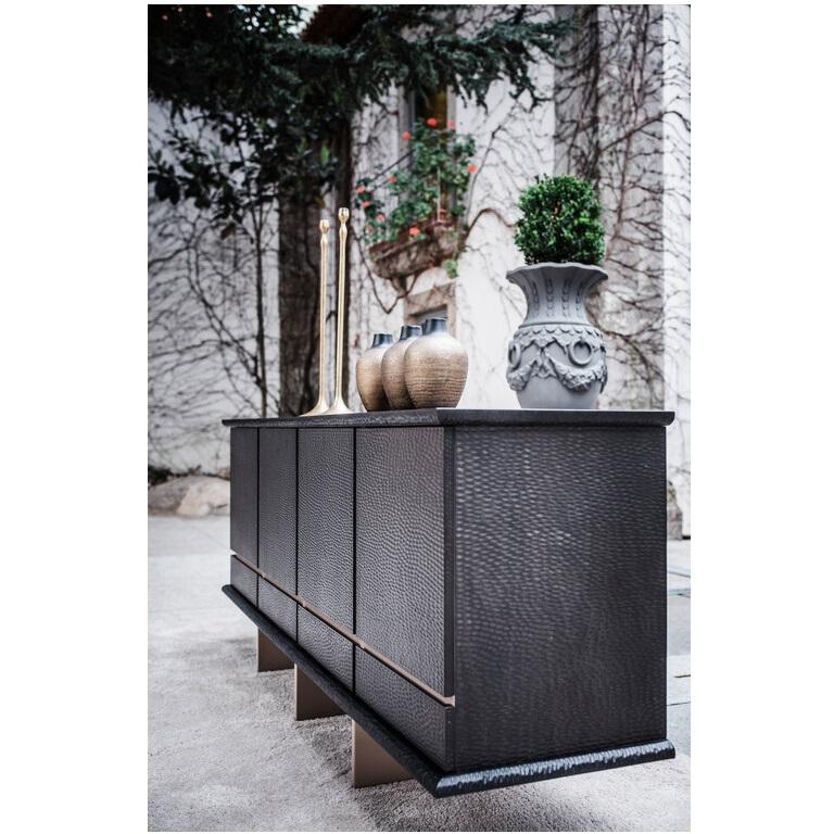 Hand-Crafted Sideboard Made Of Hand-Carved Wood With Lacquered Iron Feet For Sale