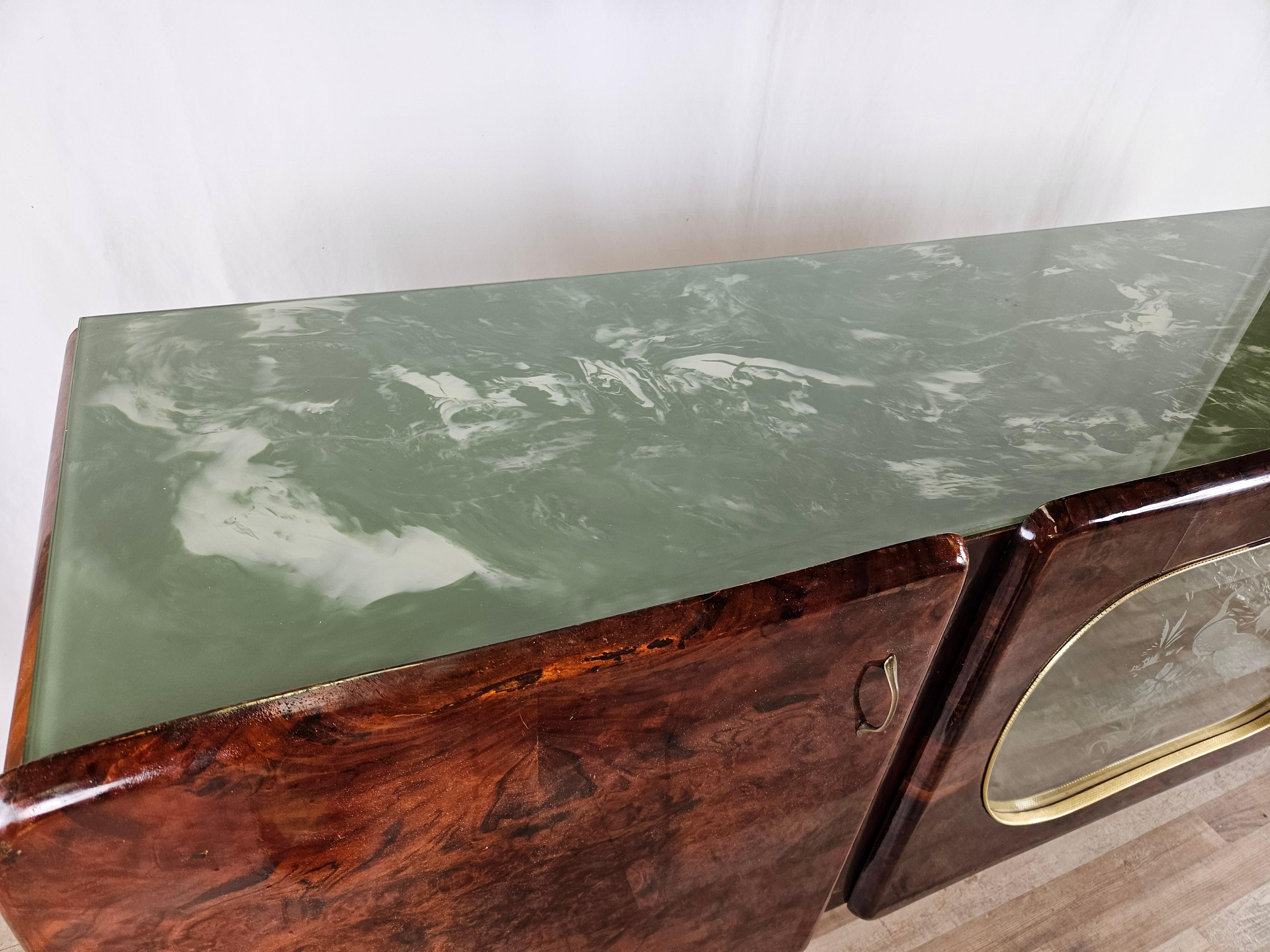 Italian Mid Century sideboard with drop down door and marbled glass top For Sale