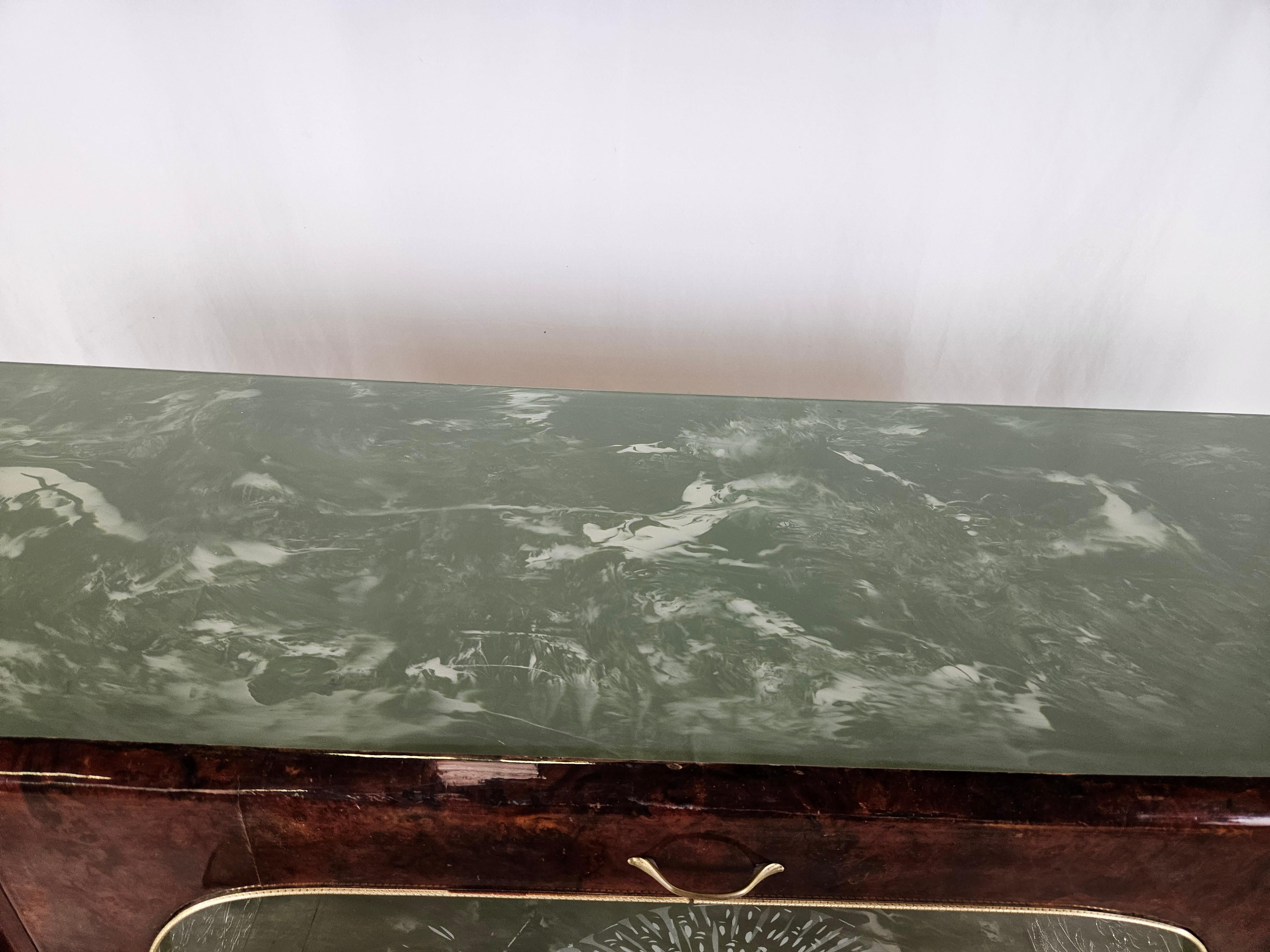 Mid Century sideboard with drop down door and marbled glass top In Good Condition For Sale In Premariacco, IT