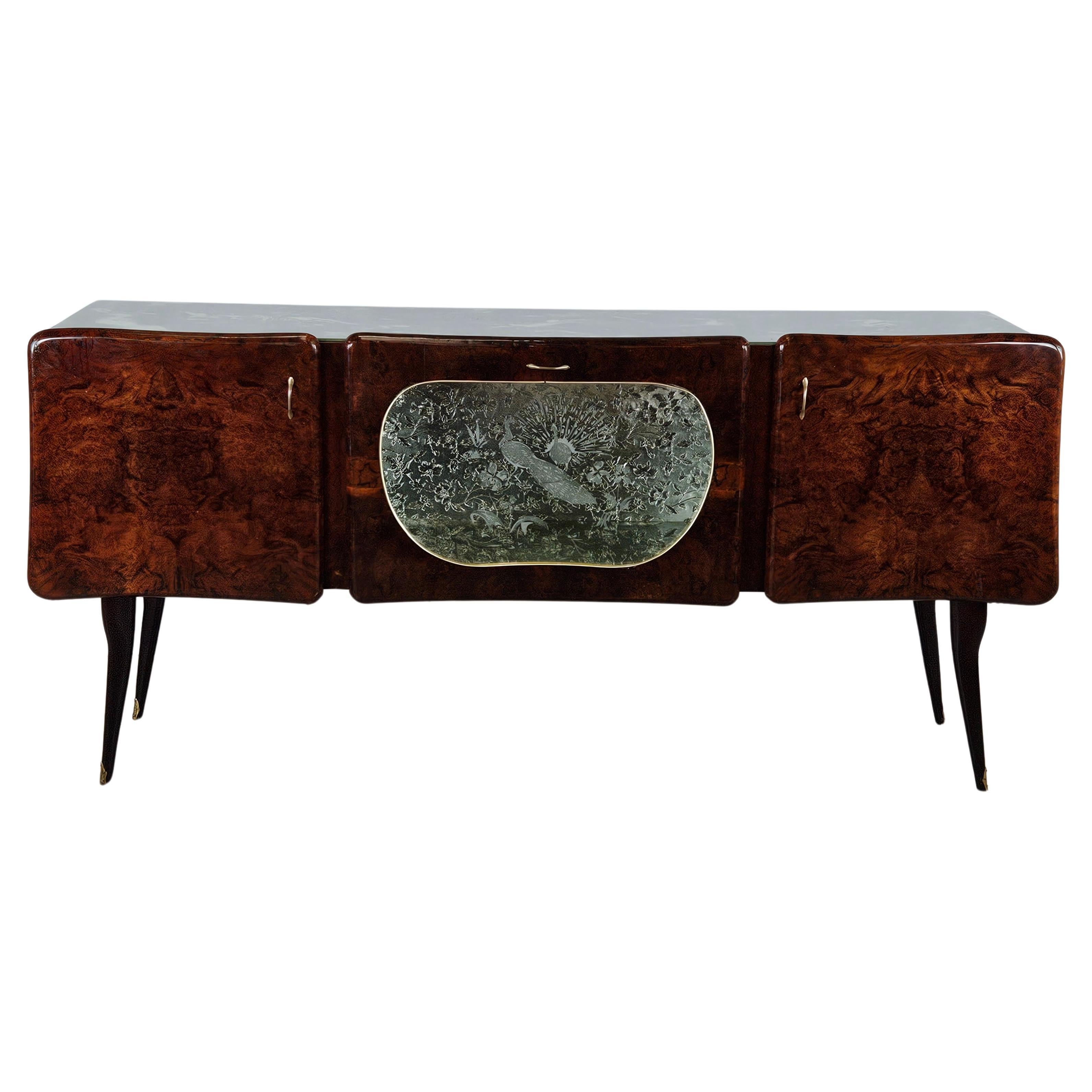 Mid Century sideboard with drop down door and marbled glass top For Sale