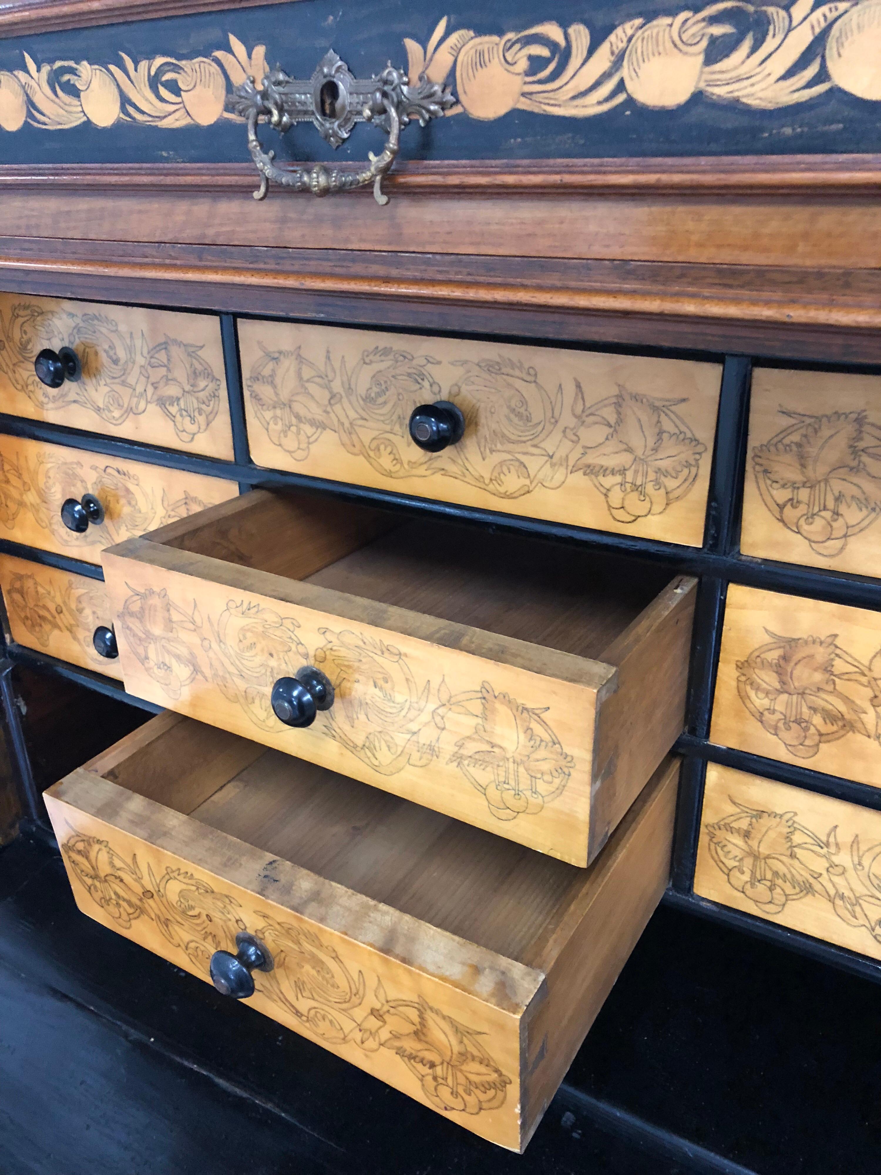 Italian Sideboard Secretary Wood Bookcase or Desk Decorated Details