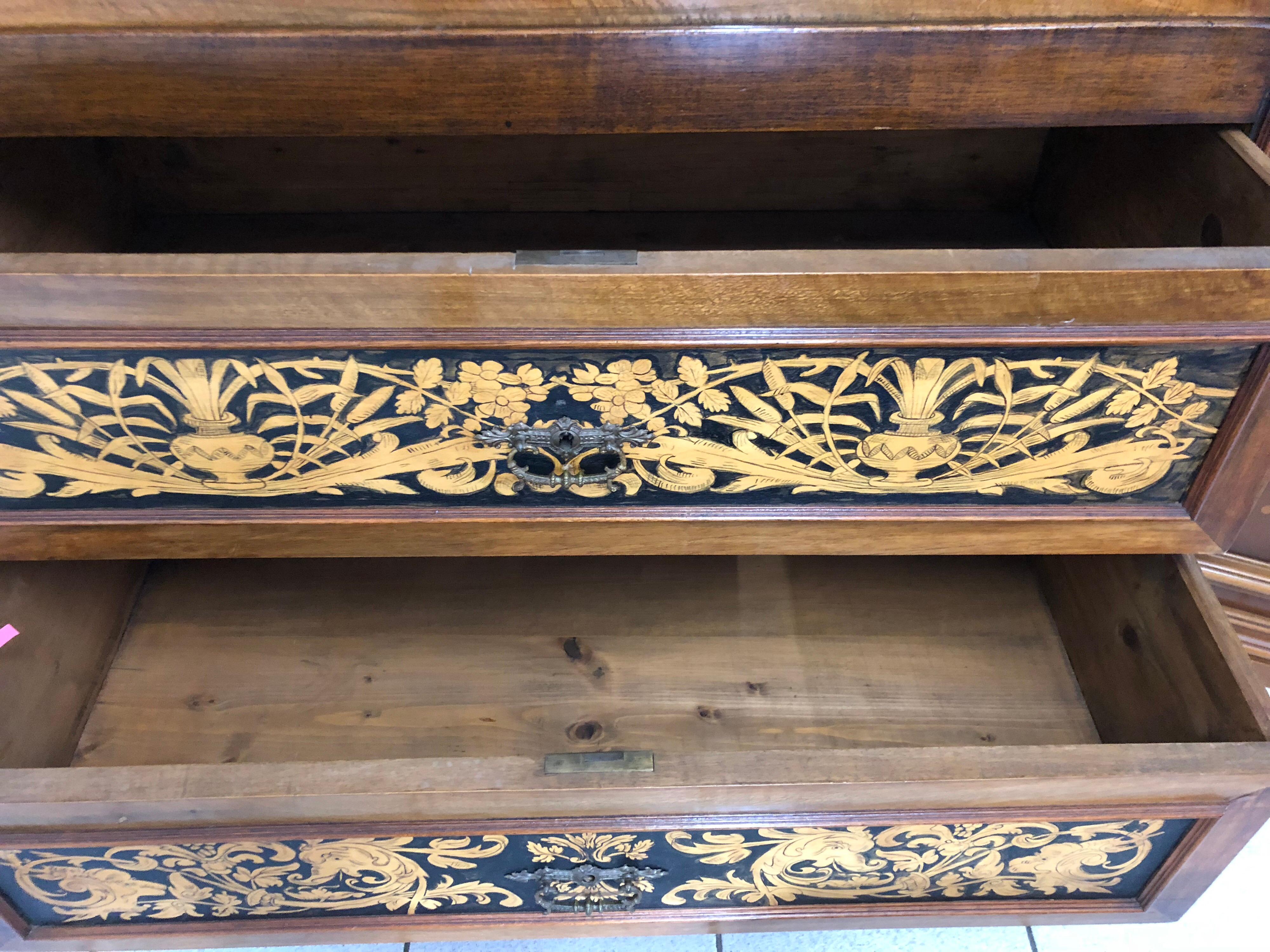 Mid-20th Century Sideboard Secretary Wood Bookcase or Desk Decorated Details