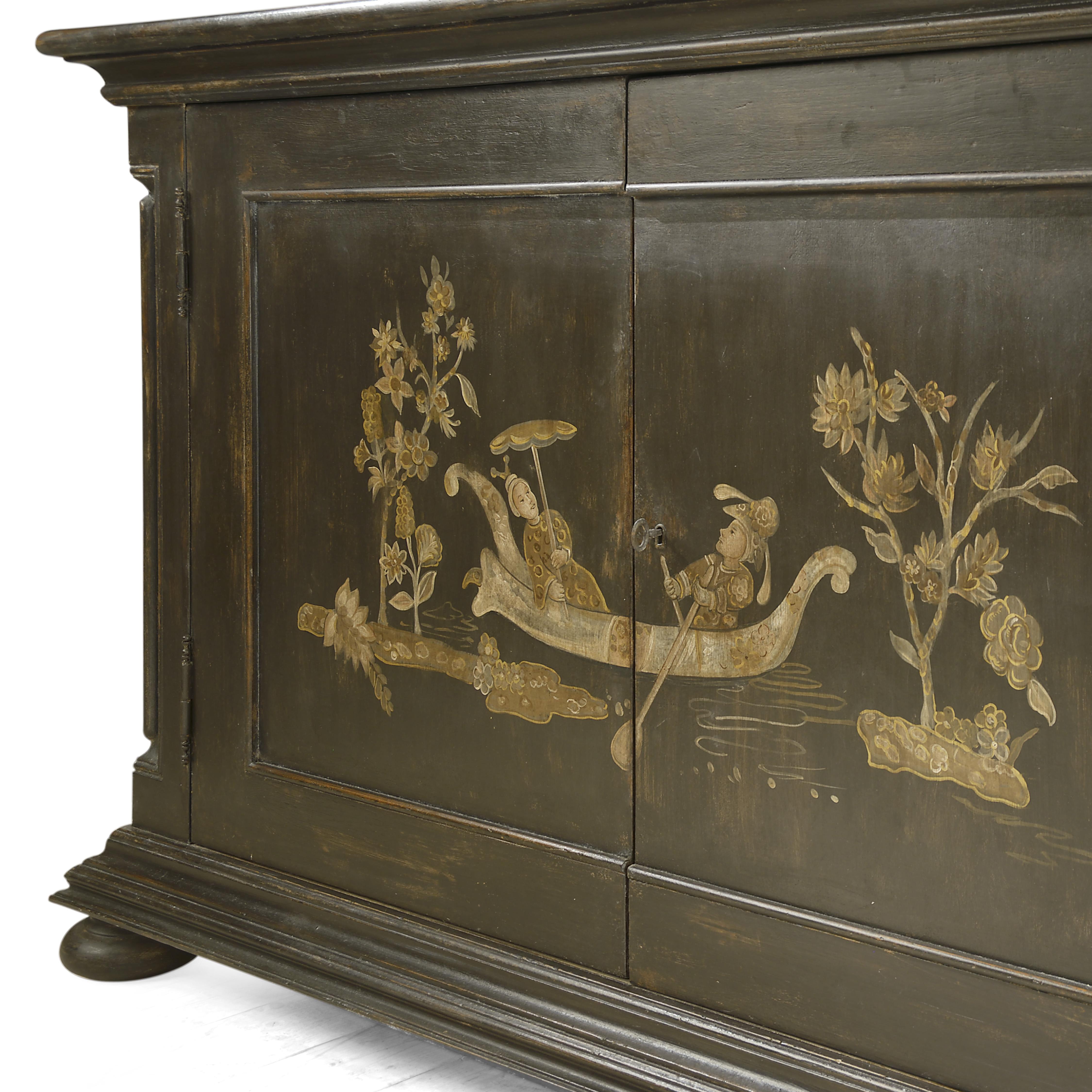 Rustic Sideboard Showing Hand Painted Legendary Japanese Pattern For Sale