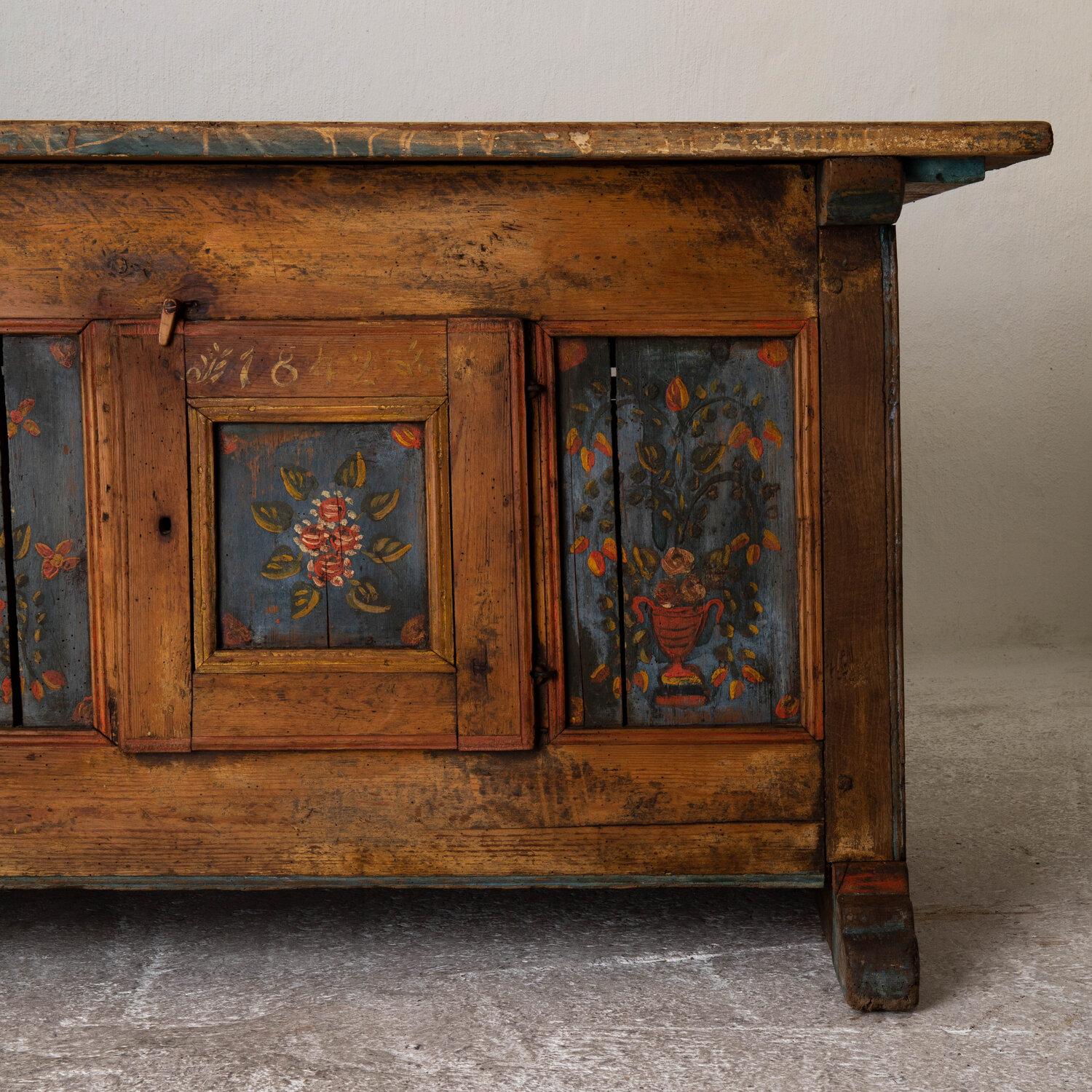 Sideboard Swedish Folk Art floral painting 19th century Sweden. A stunning sideboard made during the 19th Century in Sweden. Original flower details on a pale blue background.