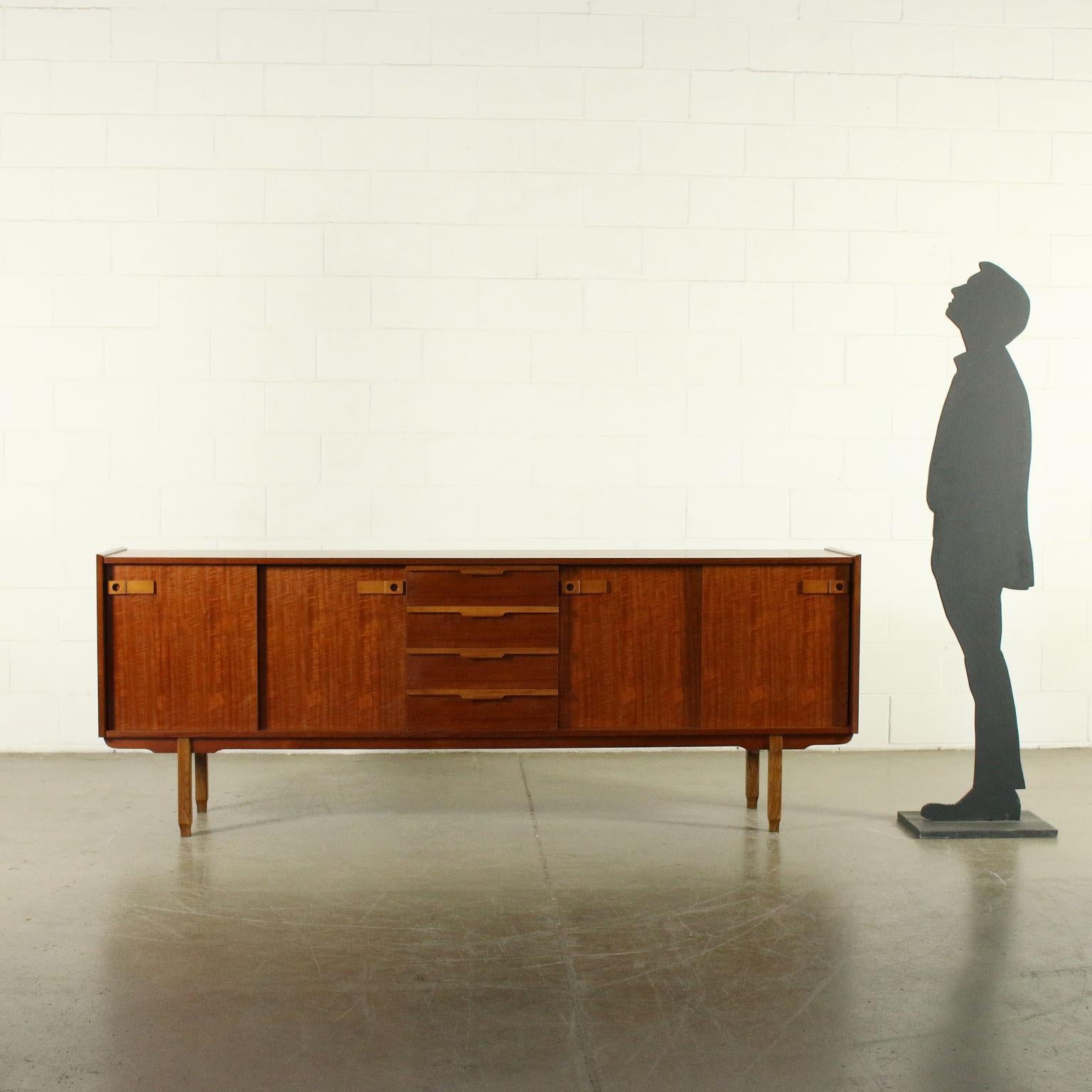 Sideboard with double sliding doors and central drawer, teak veneered wood.