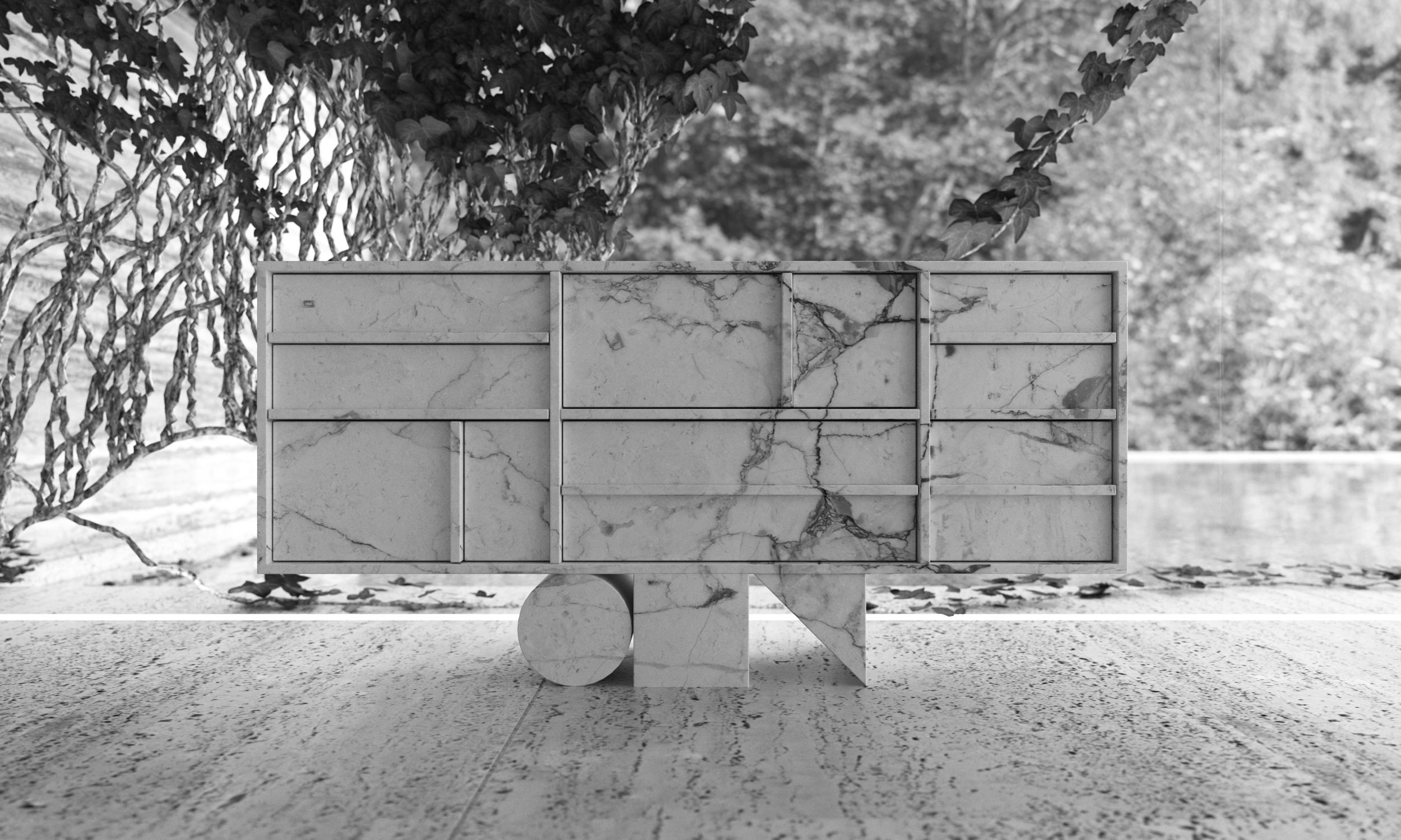 Sideboard
by FELIX SCHWAKE

FS 17
CM L170 B37 H82
IN L66,93 B14,57 H32,3
Arabescato Marble, white

2023

Individual dimensions and surfaces on request

Functional Art Sculpture.
One of a kind piece. 
Made to order by award winning German designer