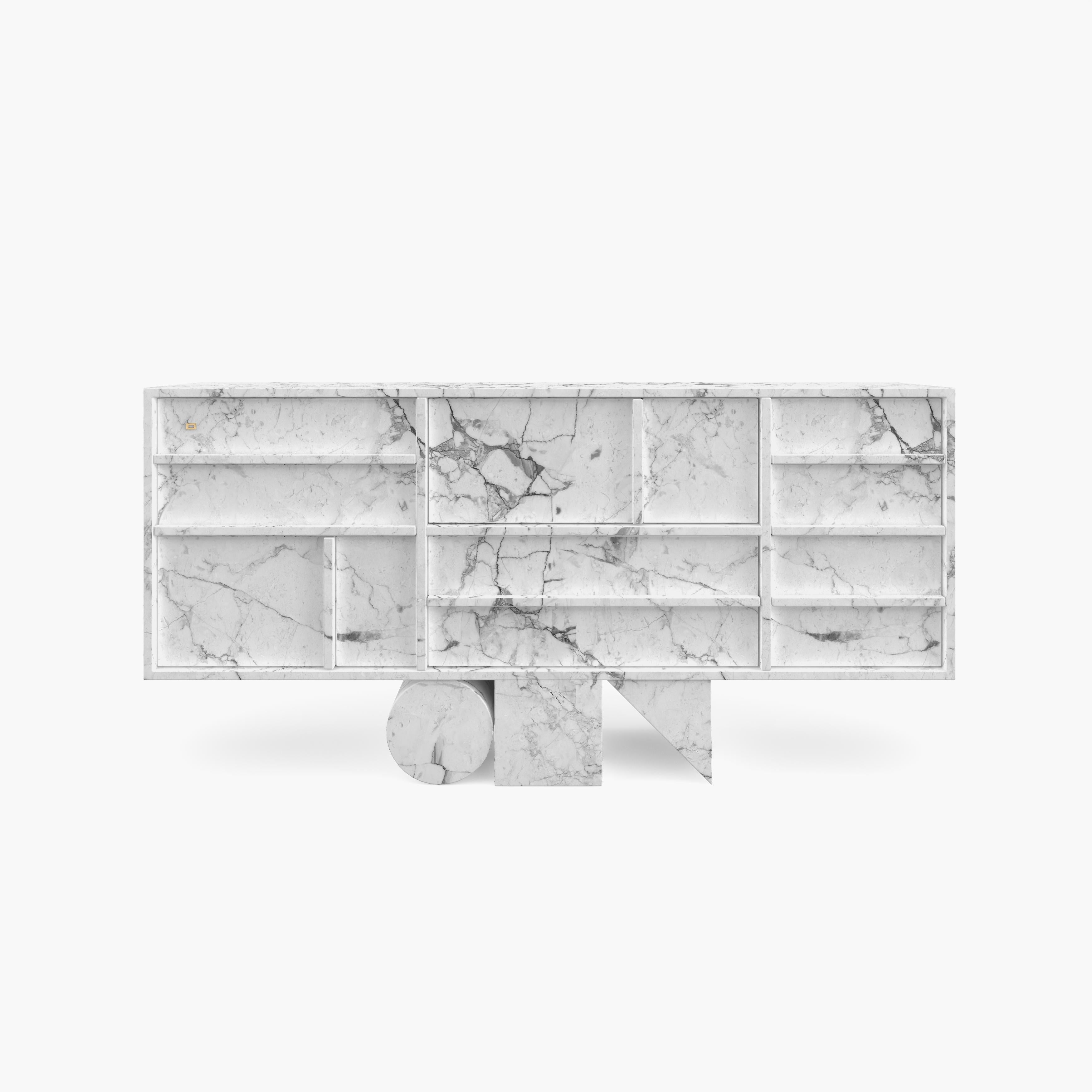 Bauhaus Sideboard White Marble 170x37x82cm circle square triangle leg, Handcrafted pc1/1 For Sale