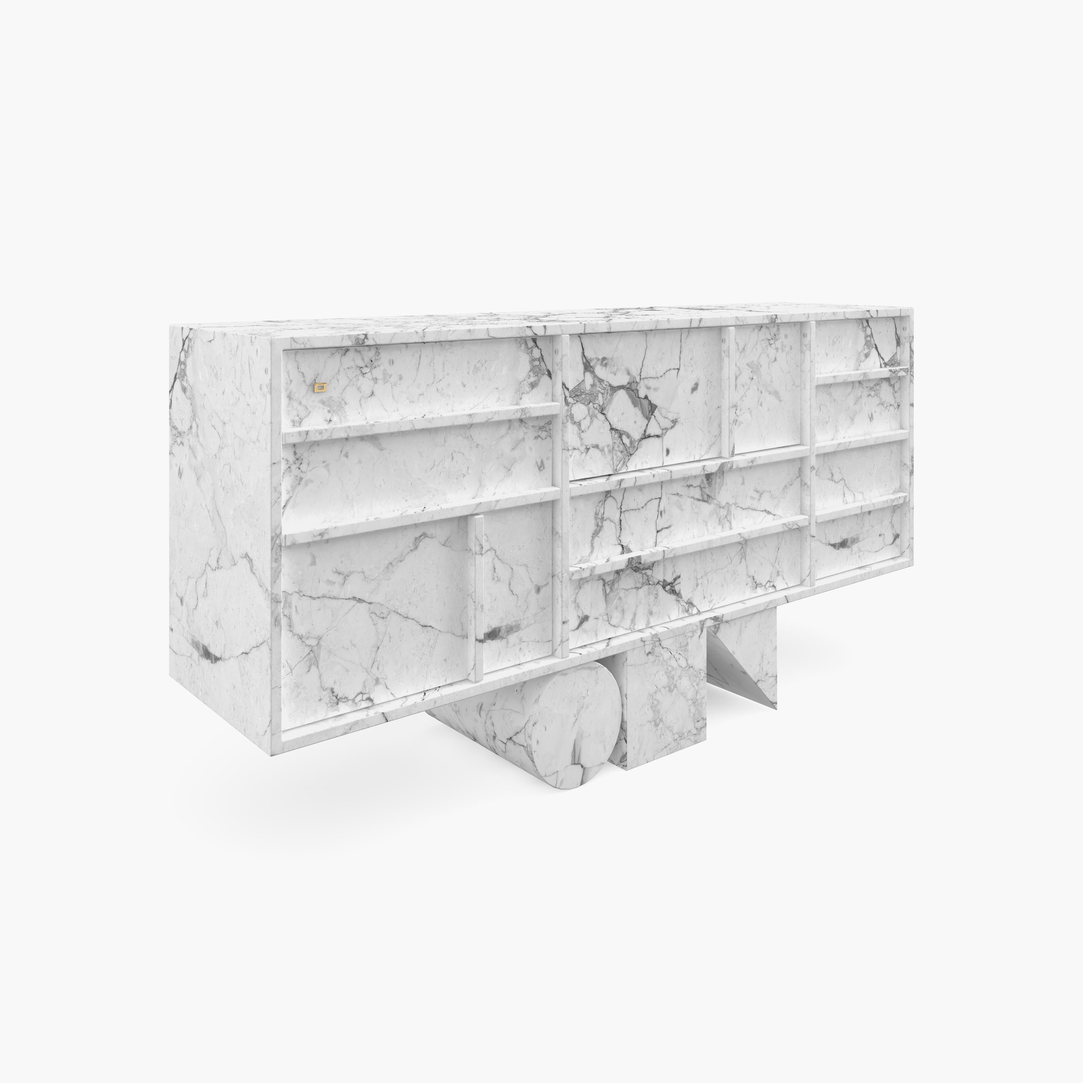 Sideboard White Marble 170x37x82cm circle square triangle leg, Handcrafted pc1/1 In New Condition For Sale In Bochum, DE