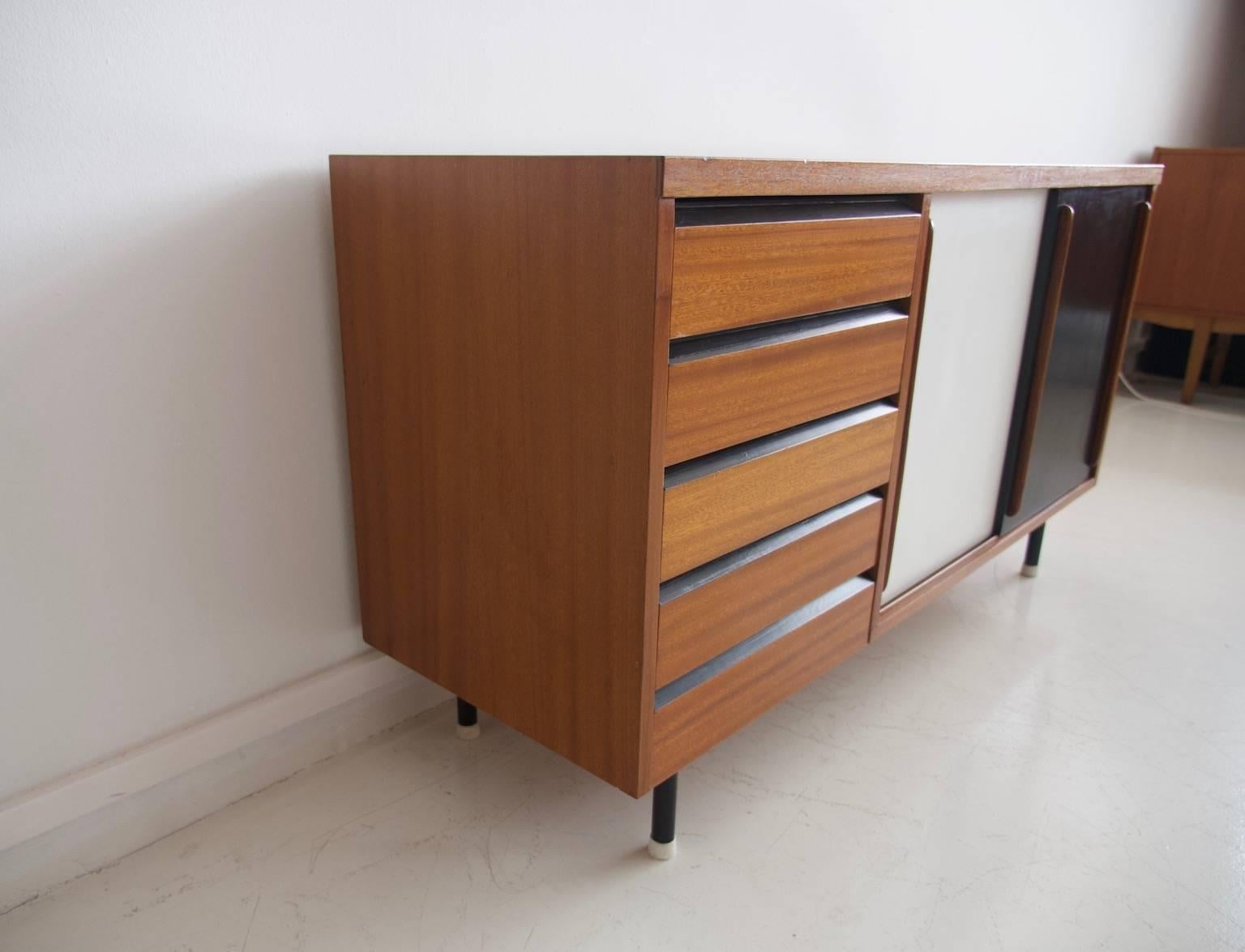Teak Sideboard with Black and White Painted Sliding Doors and Five Drawers 4