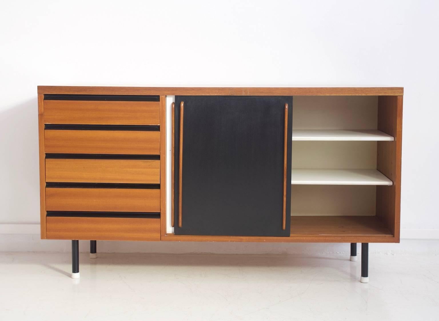 Mid-Century Modern Teak Sideboard with Black and White Painted Sliding Doors and Five Drawers