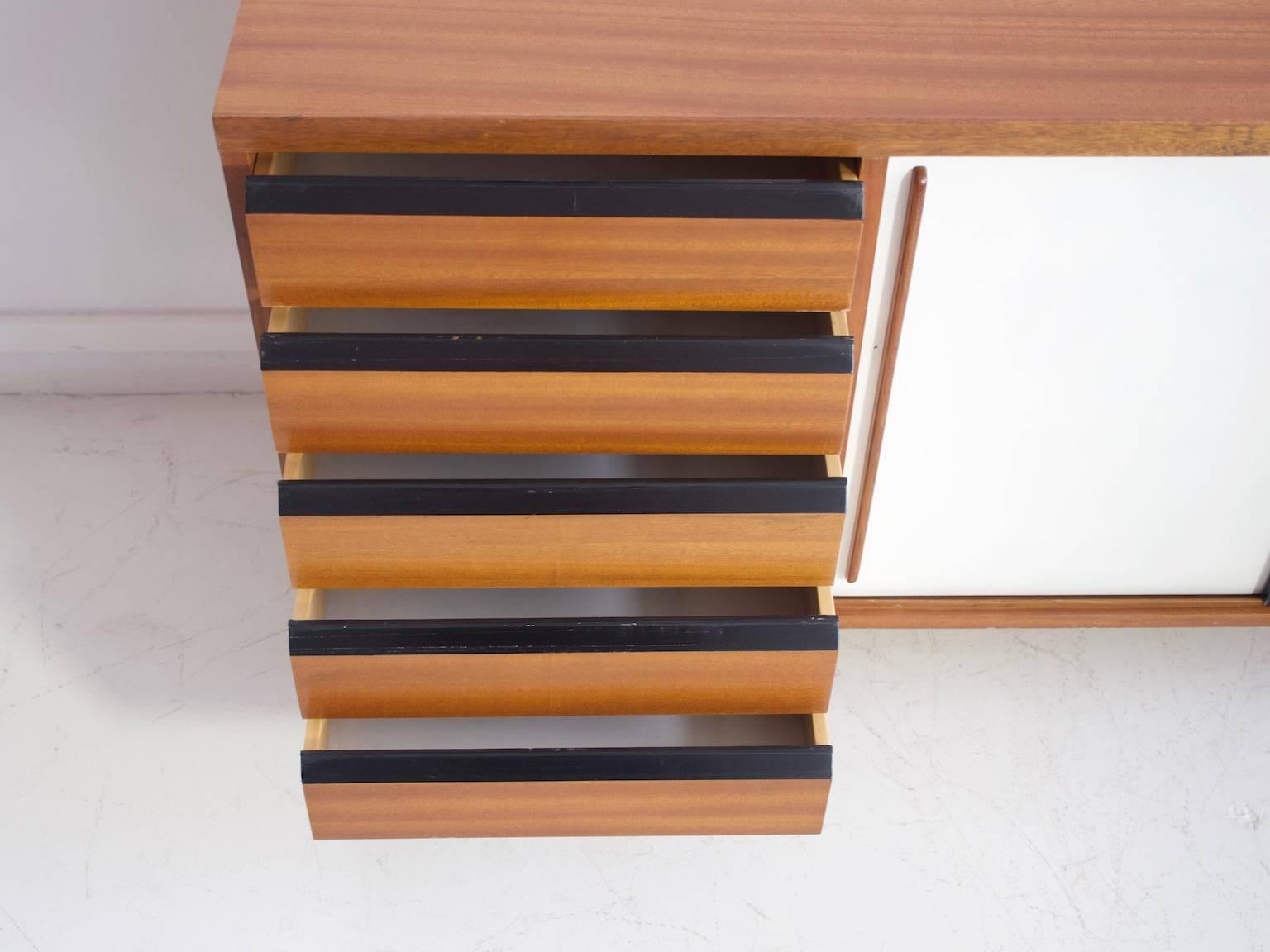 European Teak Sideboard with Black and White Painted Sliding Doors and Five Drawers