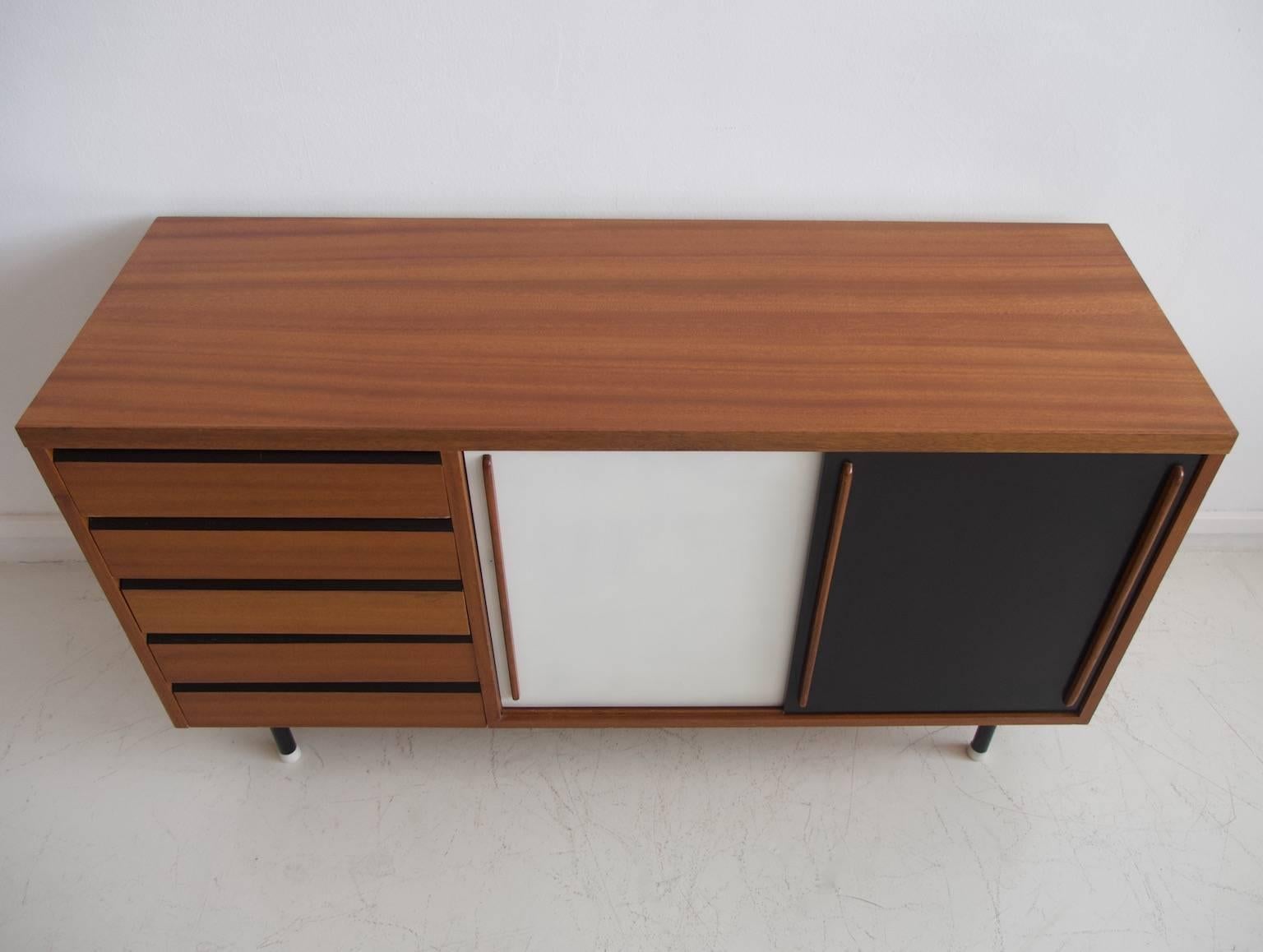 Teak Sideboard with Black and White Painted Sliding Doors and Five Drawers 1