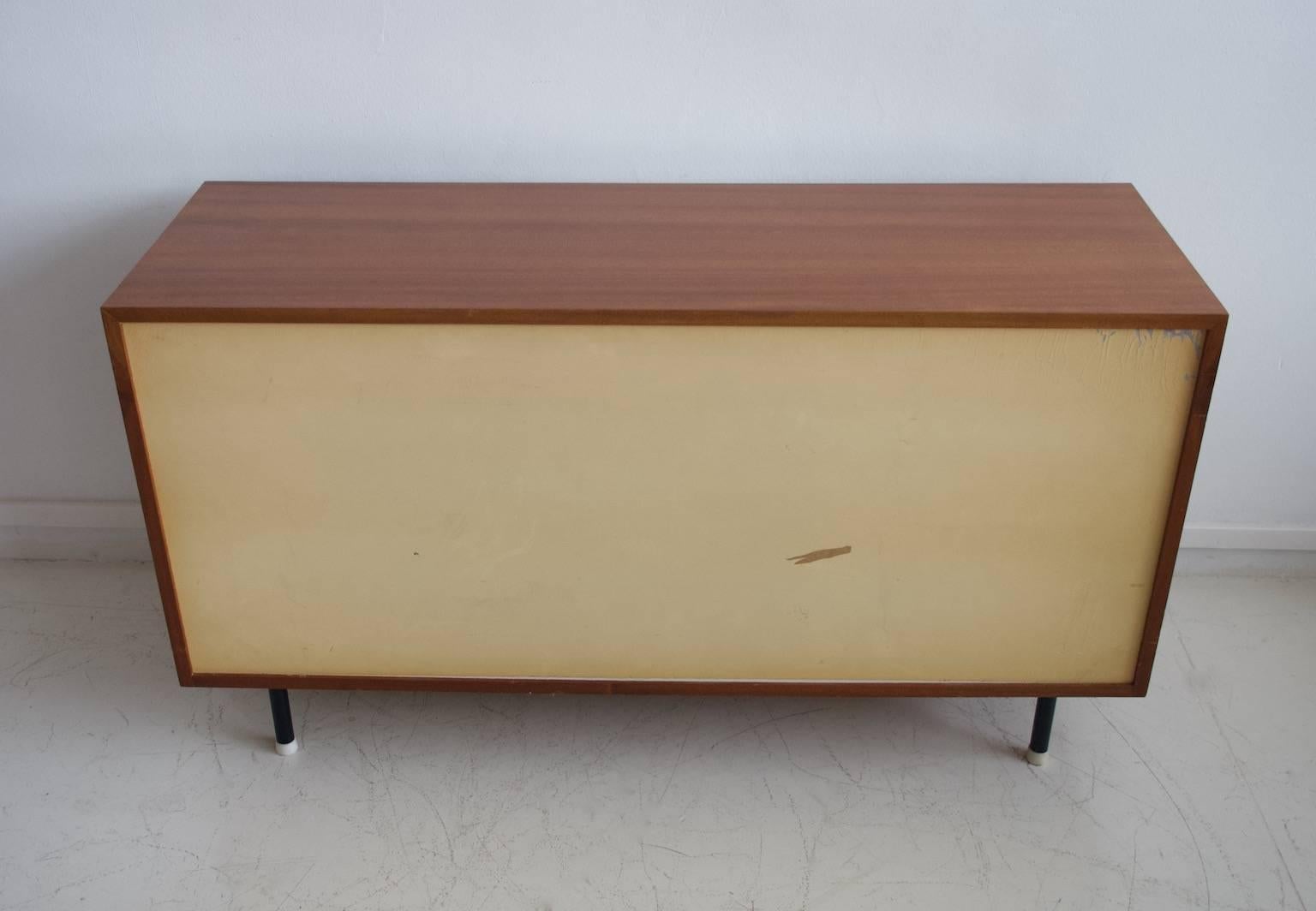 Teak Sideboard with Black and White Painted Sliding Doors and Five Drawers 2