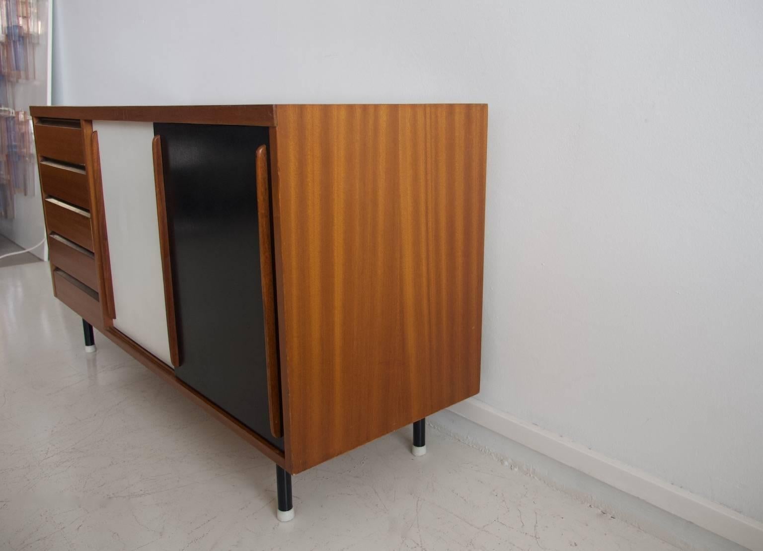 Teak Sideboard with Black and White Painted Sliding Doors and Five Drawers 3