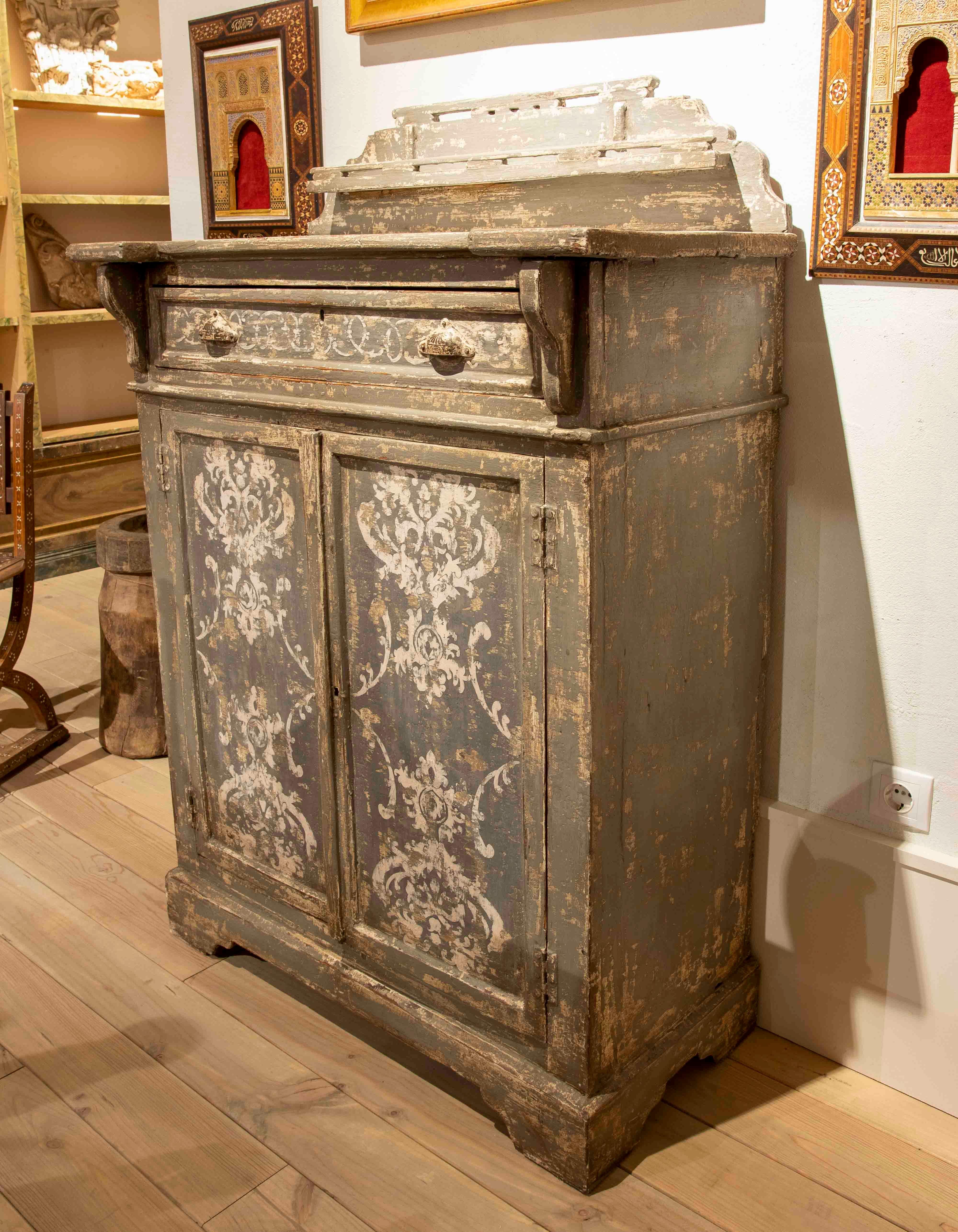 Spanish Sideboard with Doors and Polychrome Drawer in Grey and White Tones For Sale