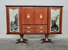 Sideboard with Drawers in Mahogany, Pearwood, Brass and Glass with Allegorical D