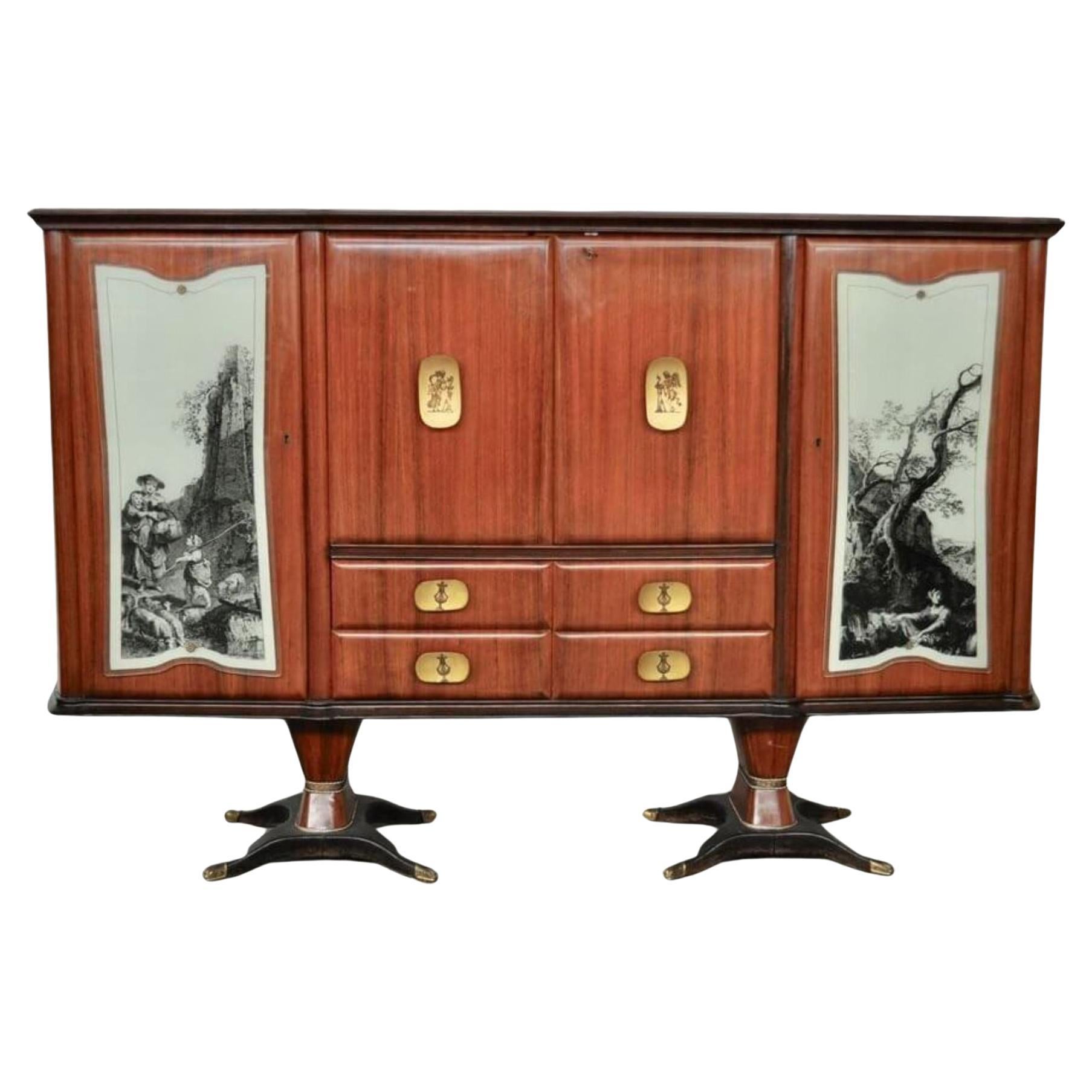 Sideboard with Drawers in Mahogany, Pearwood, Brass and Glass with Allegorical D in vendita