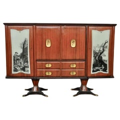 Sideboard with Drawers in Mahogany, Pearwood, Brass and Glass with Allegorical D