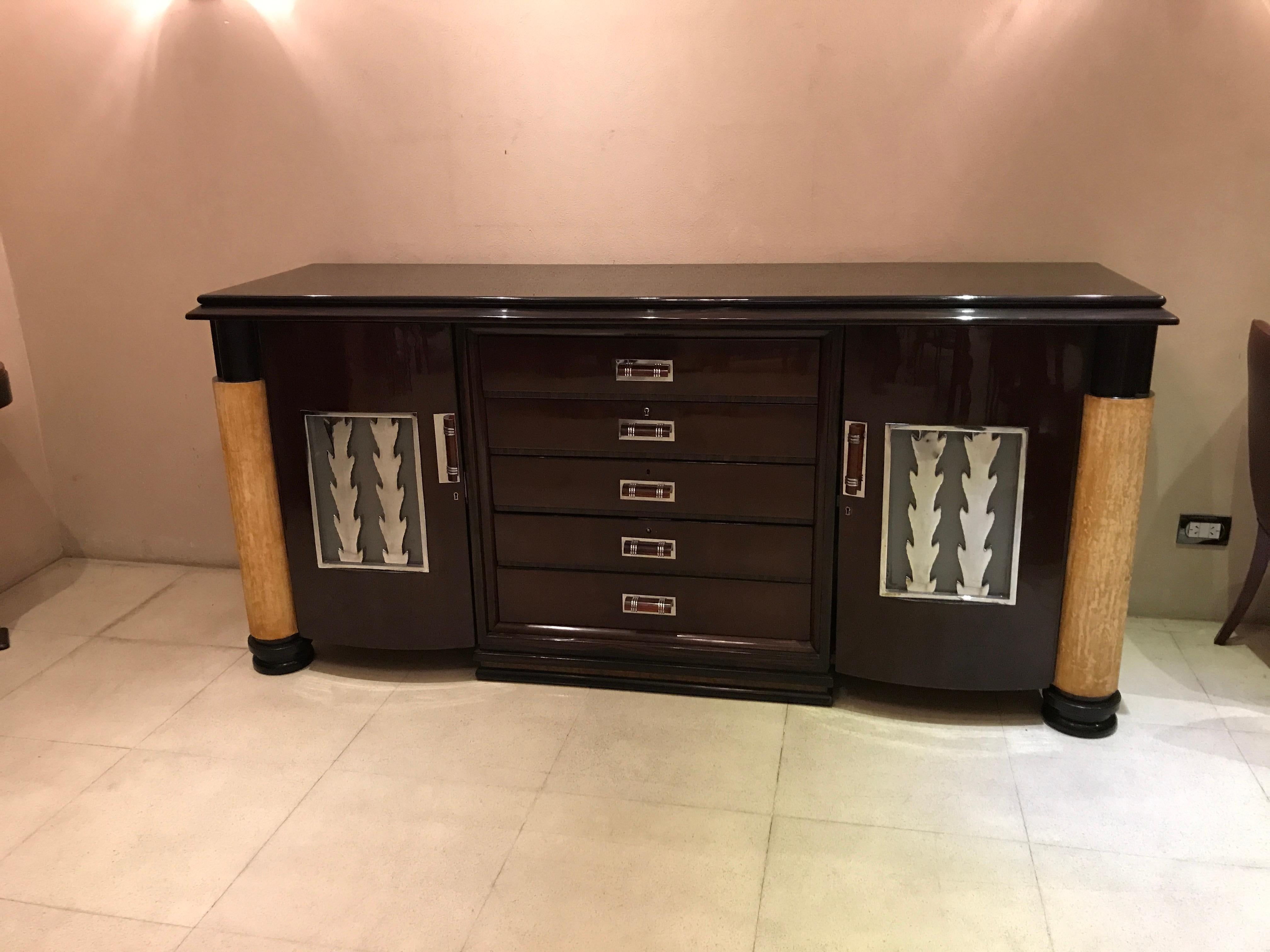 French Art Deco Sideboard with Drawers in Wood, Parchment leather and Bronze Chromed For Sale