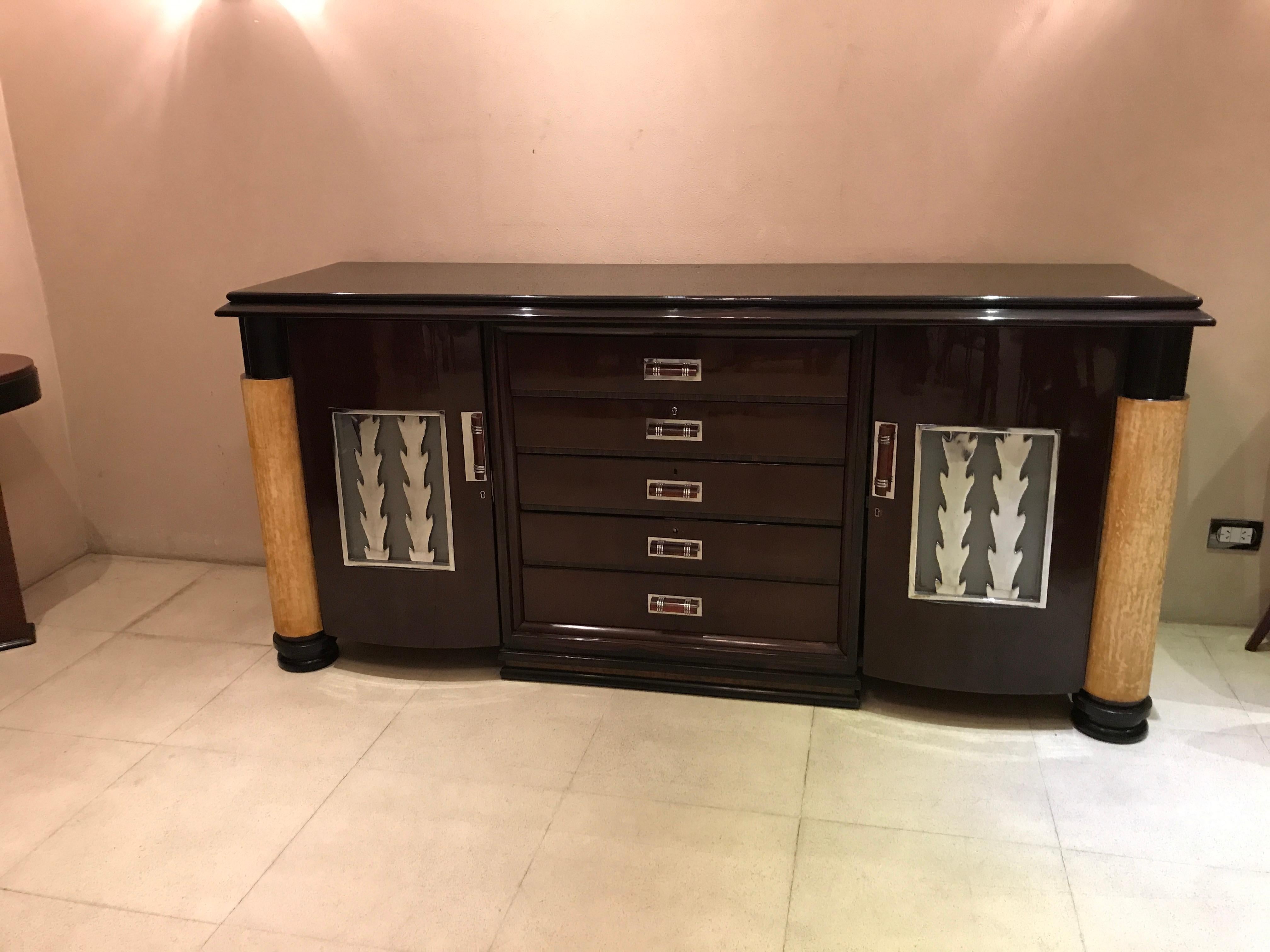 Mid-20th Century Art Deco Sideboard with Drawers in Wood, Parchment leather and Bronze Chromed For Sale