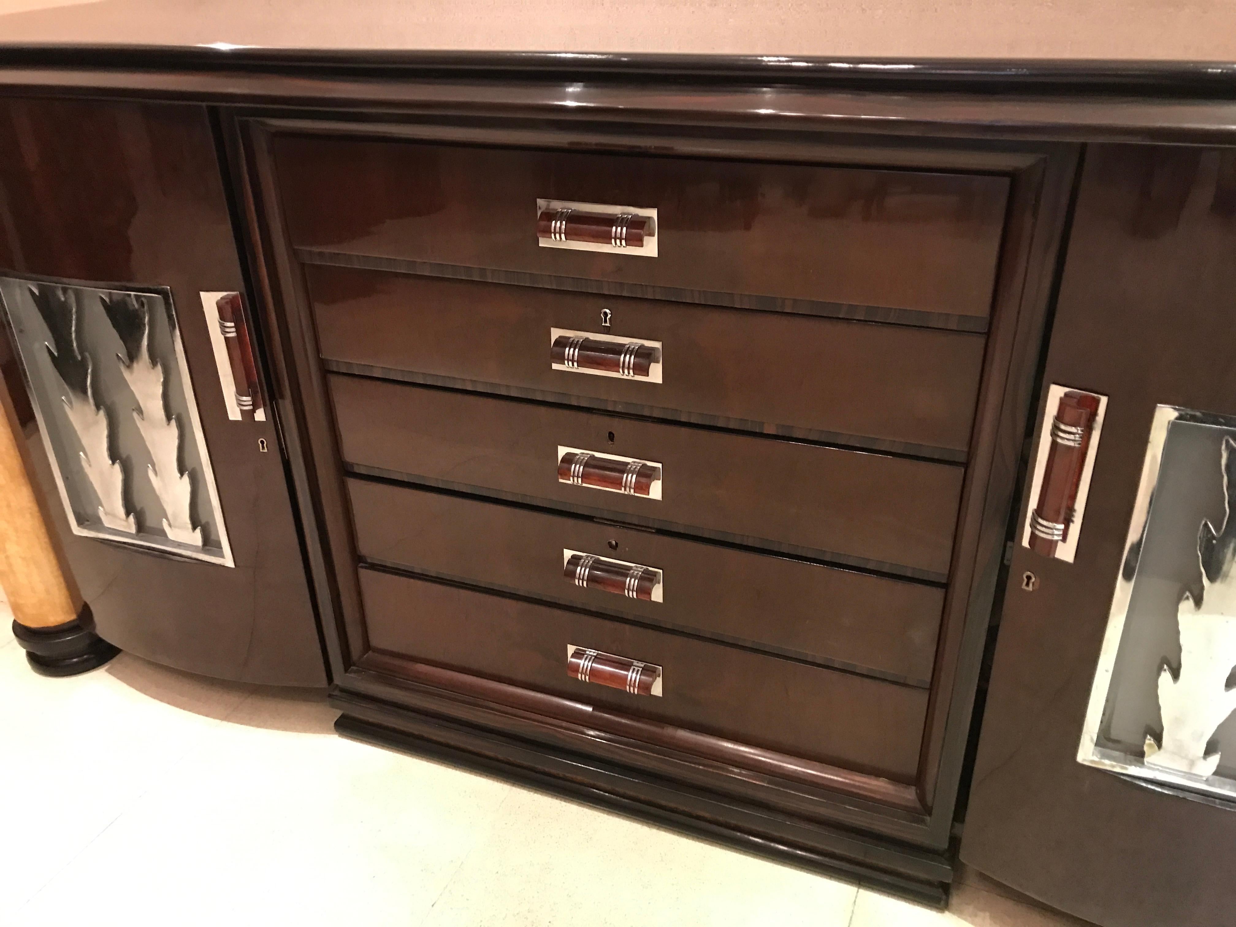 Art Deco Sideboard with Drawers in Wood, Parchment leather and Bronze Chromed For Sale 1