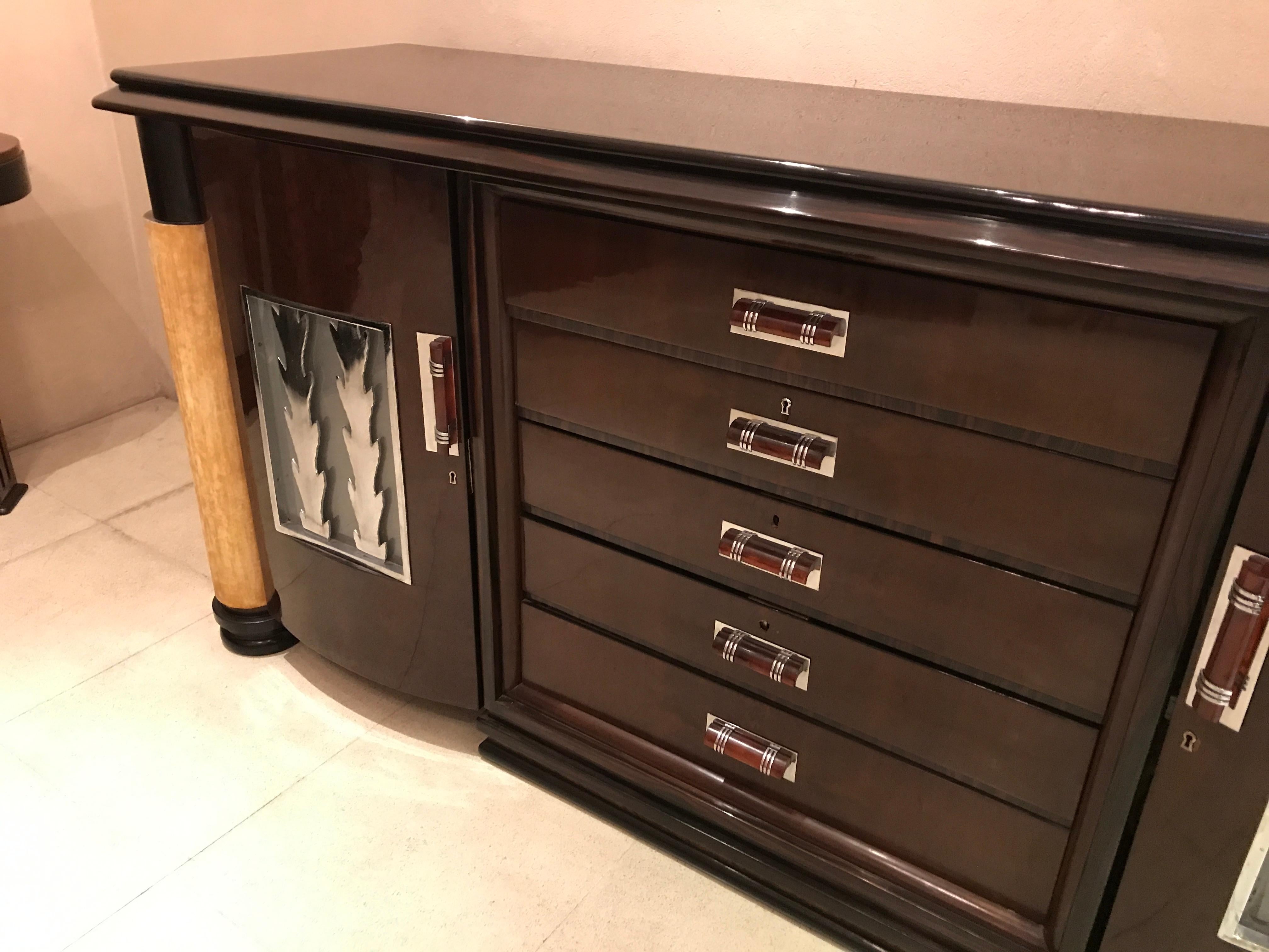 Art Deco Sideboard with Drawers in Wood, Parchment leather and Bronze Chromed For Sale 2