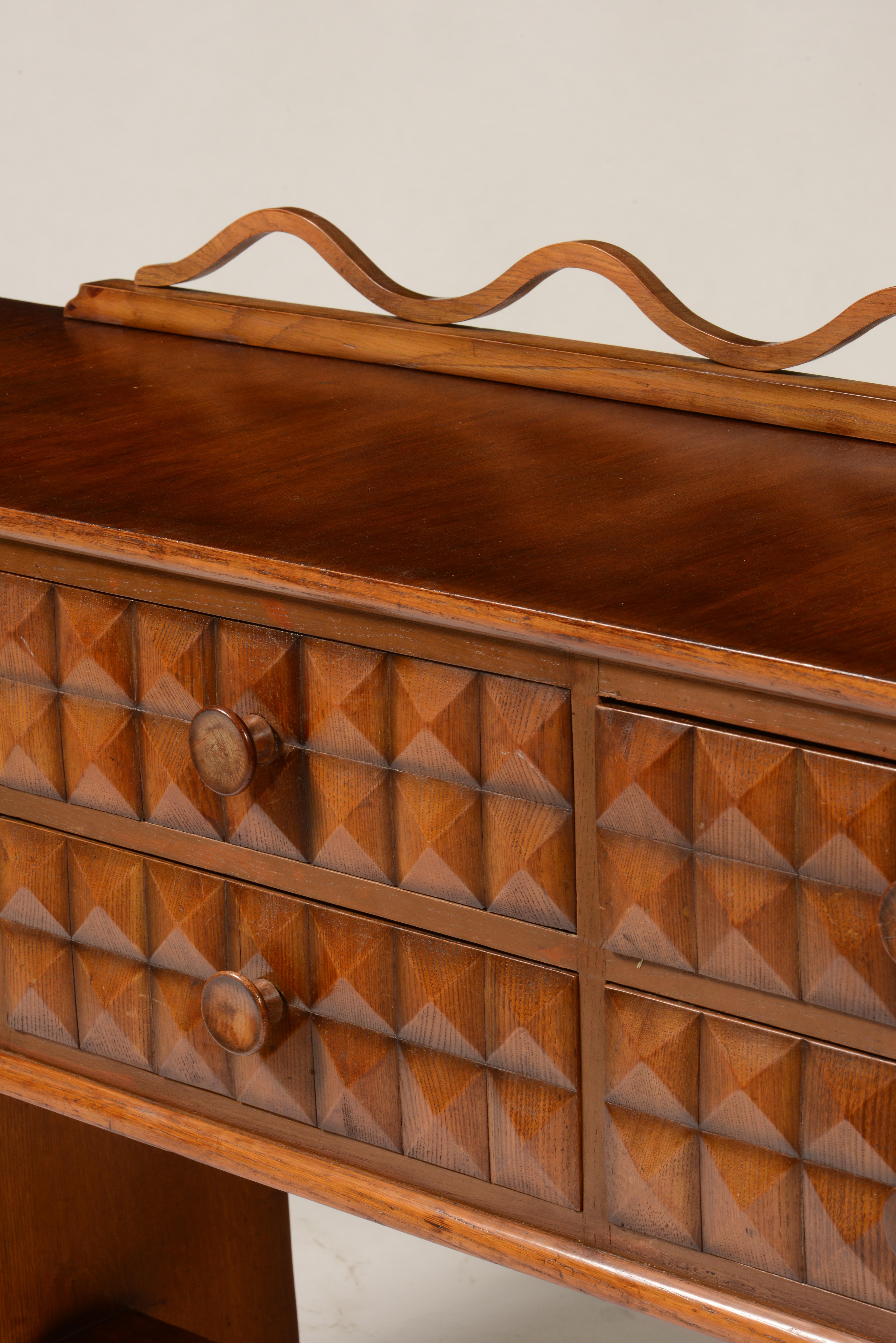 Art Deco Sideboard with Faceted Motif, Fluted Legs and Whimsical Undulating Rail, 1940's 