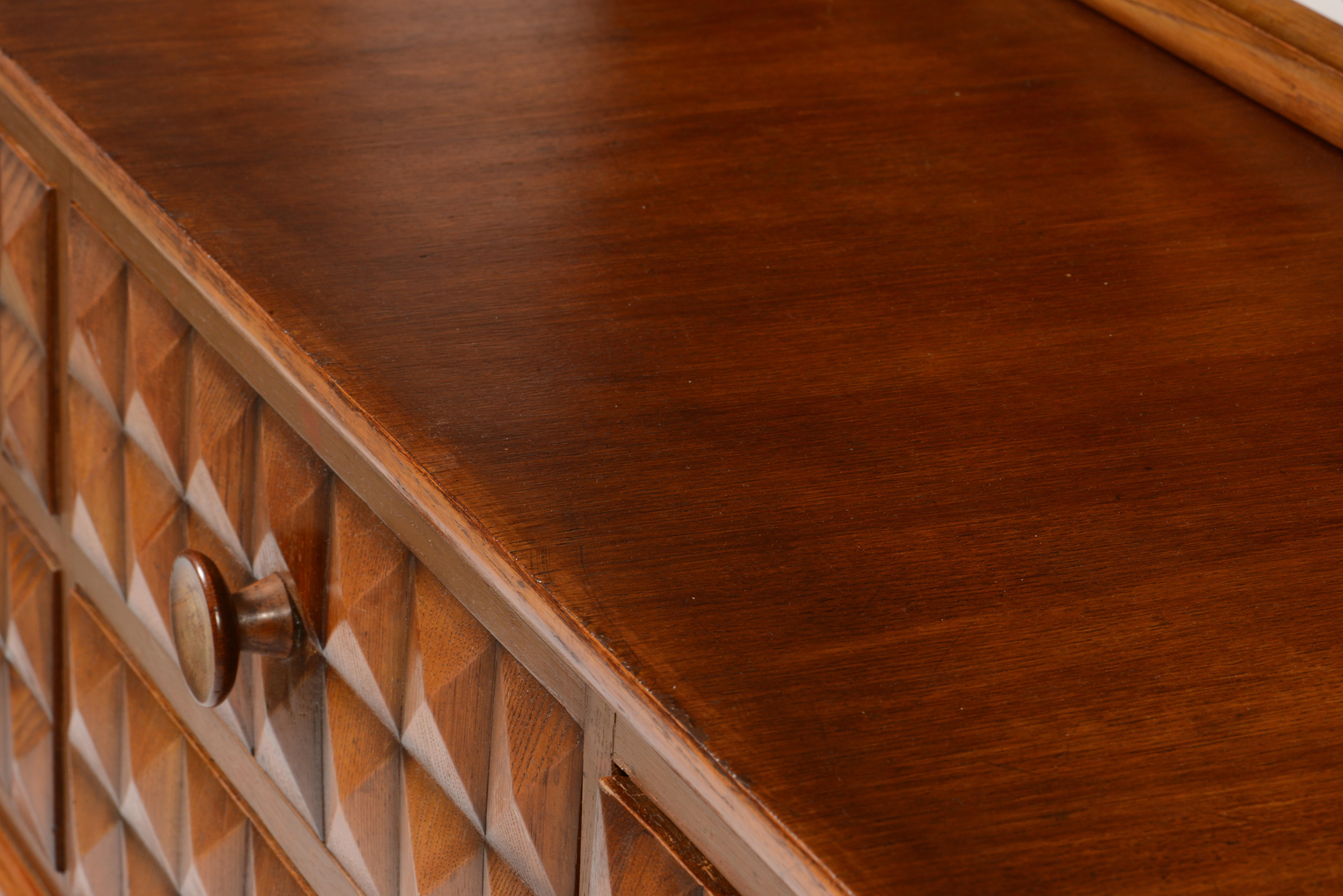 European Sideboard with Faceted Motif, Fluted Legs and Whimsical Undulating Rail, 1940's 