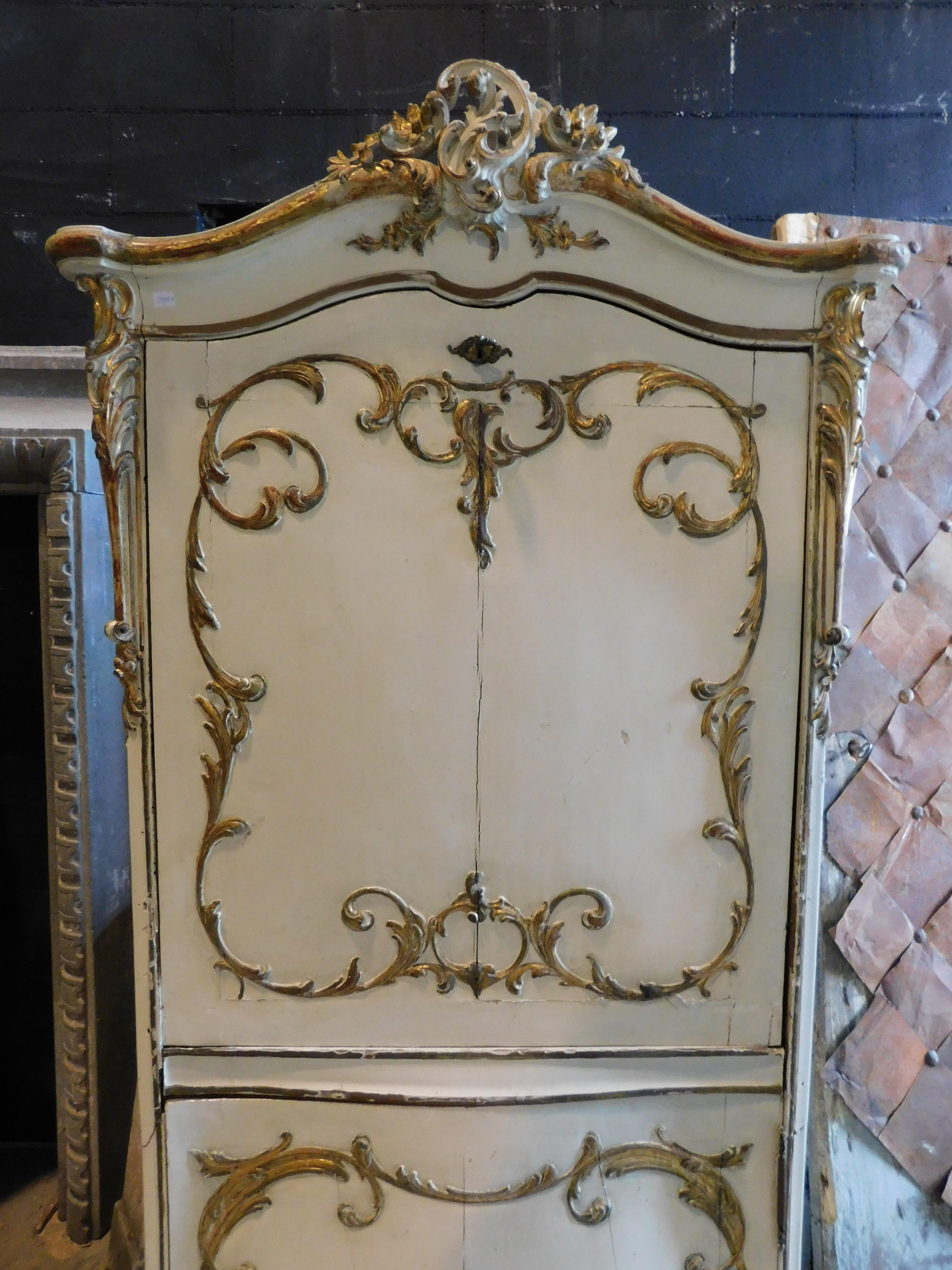 Hand-Carved Sideboard with flap in lacquered wood and golden friezes, France For Sale