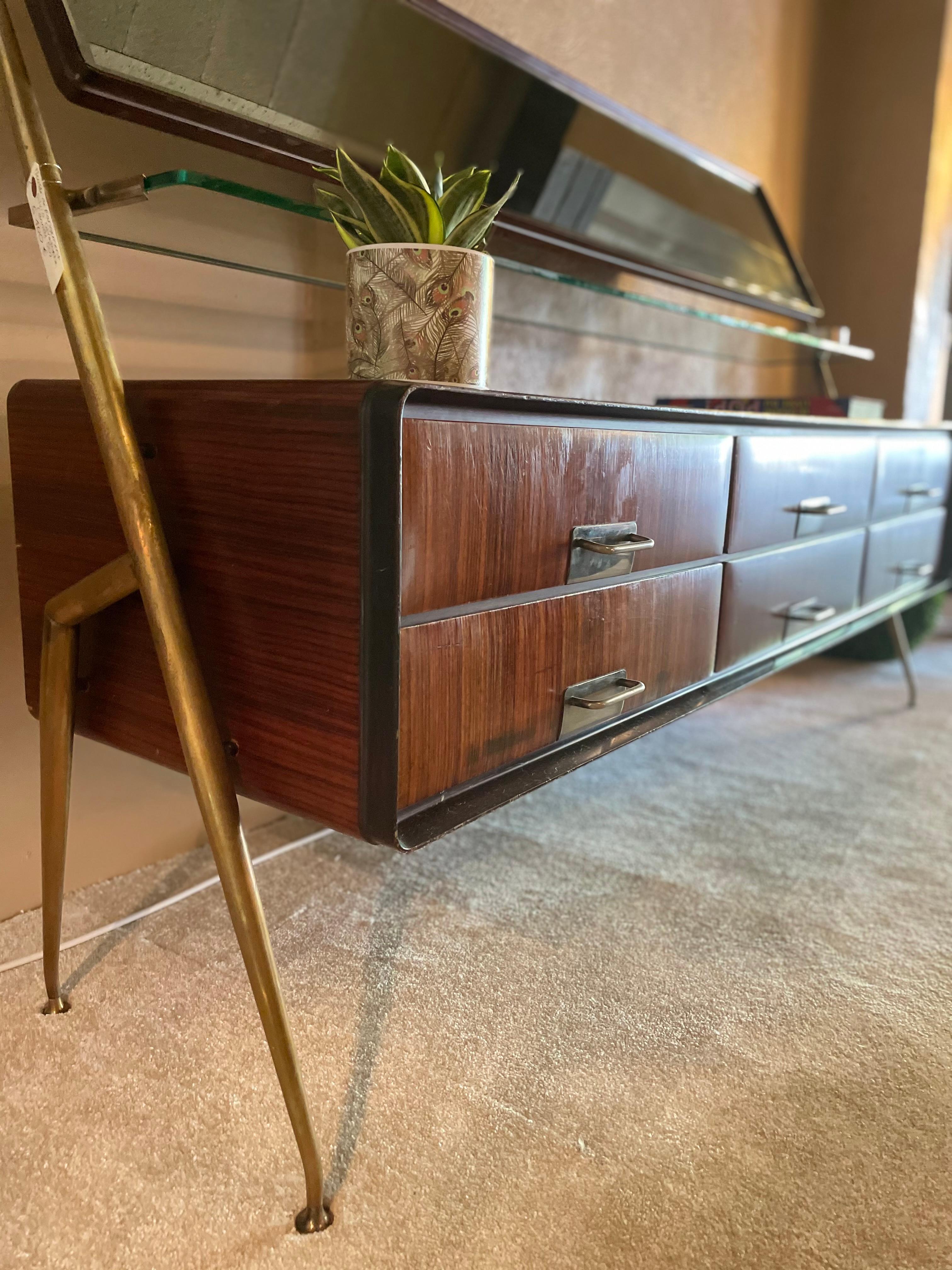 Brass Sideboard with Mirror by Silvio Cavatorta, 1950, Italy