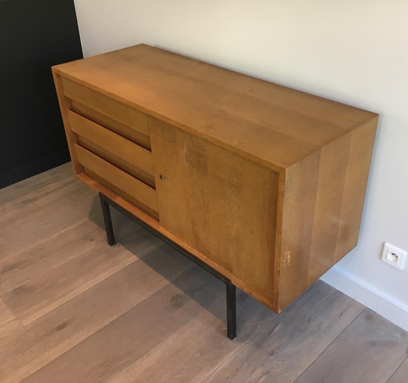 Mid-Century Modern Sideboard with One Door and 3 Drawers on a Modernist Steel Base