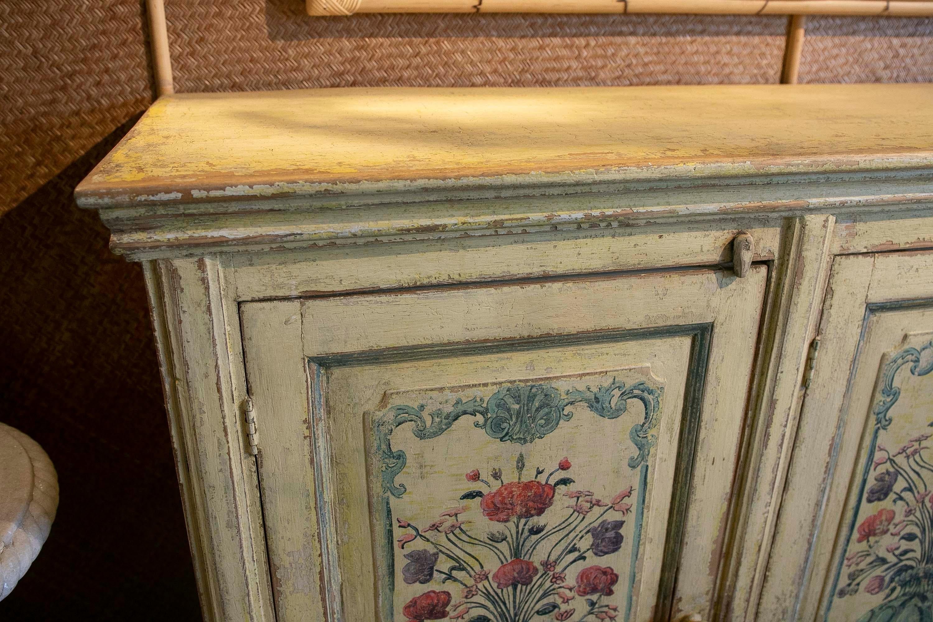 20th Century Sideboard with polychromed Doors Decorated with Vases with Flowers  For Sale