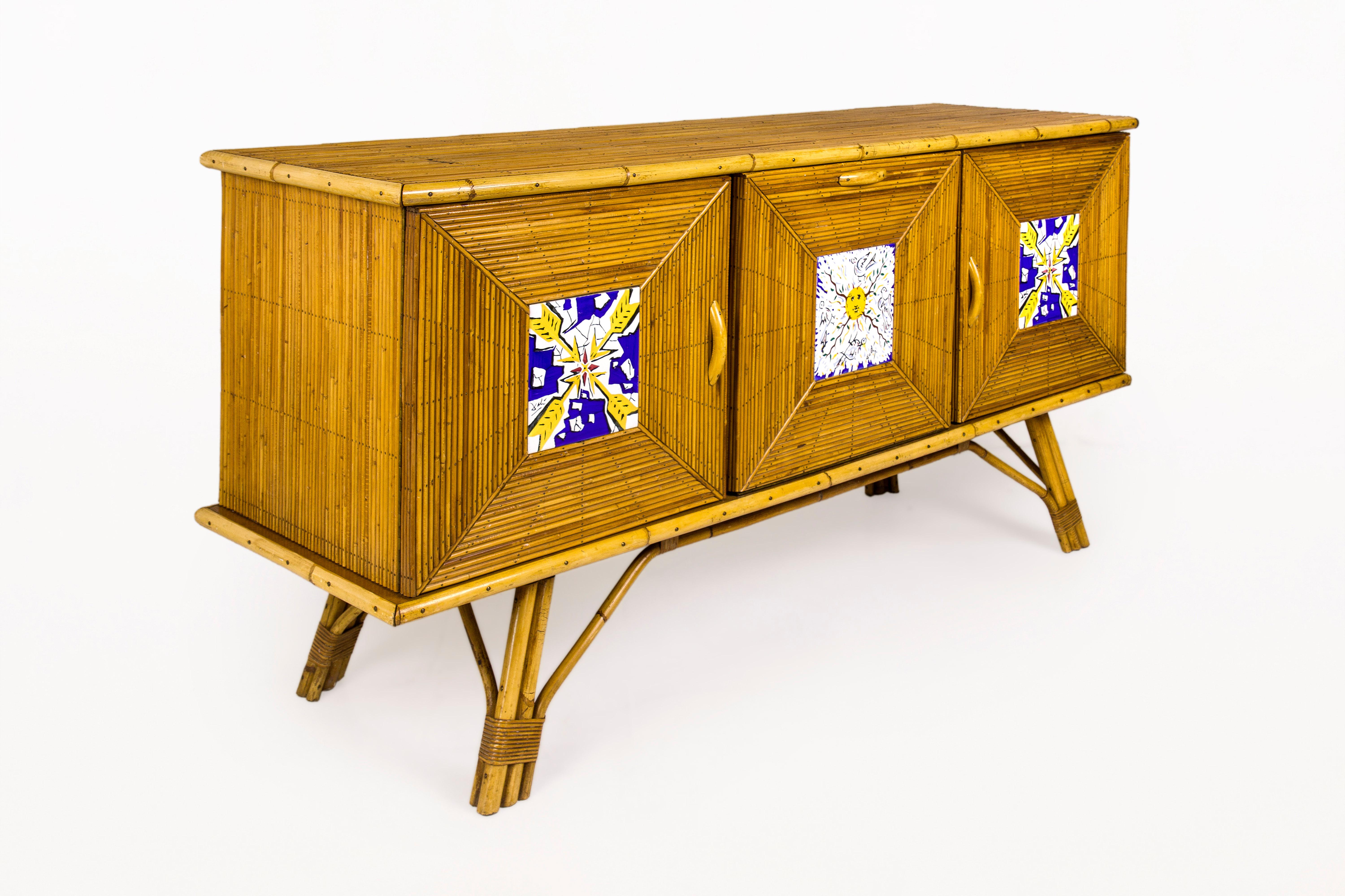 Sideboard with Salvador Dali tiles
Bamboo sideboard.
Hand painted ceramic tile: One 