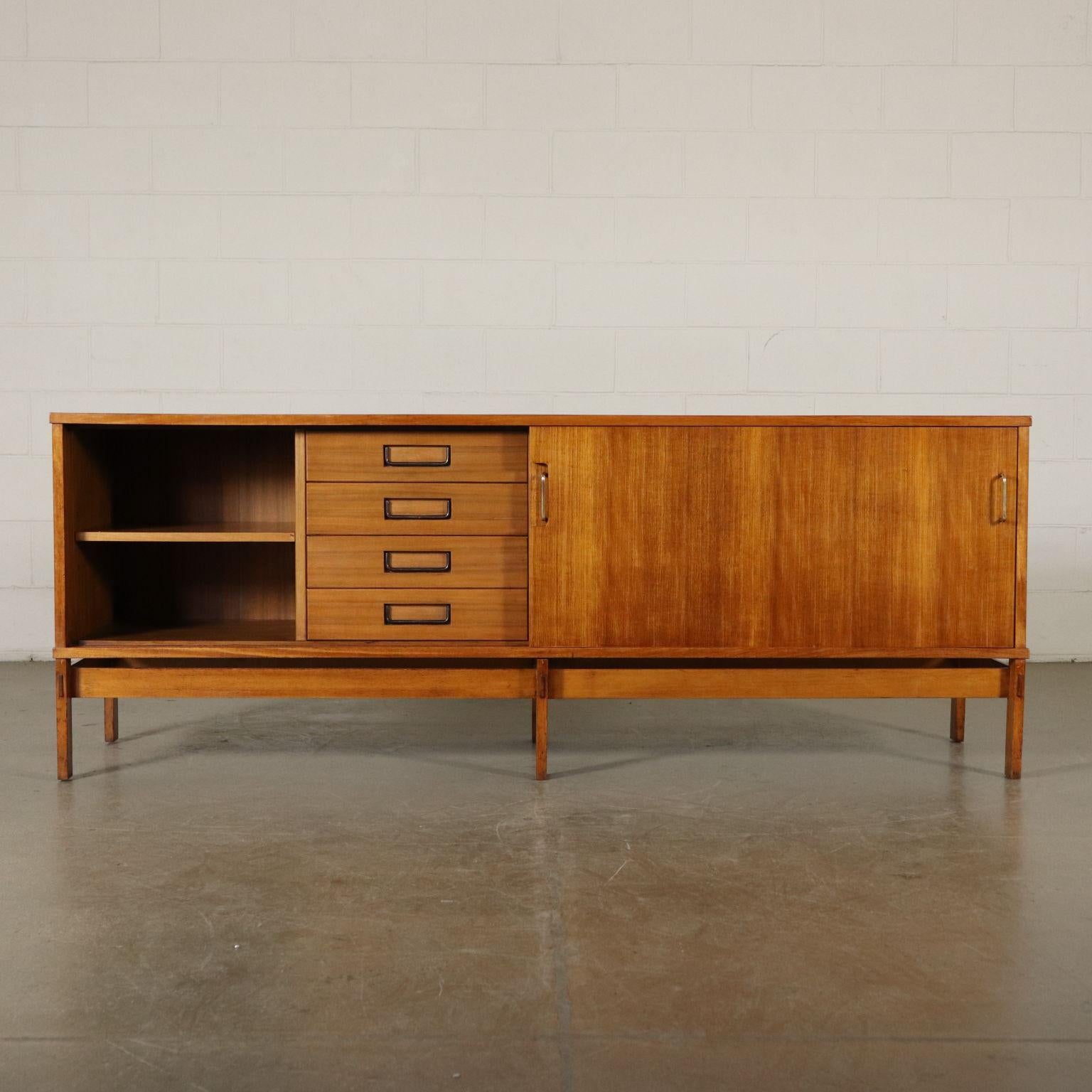 Mid-Century Modern Sideboard with Sliding Doors Exotic Wood Veneer Brass, Italy, 1960s