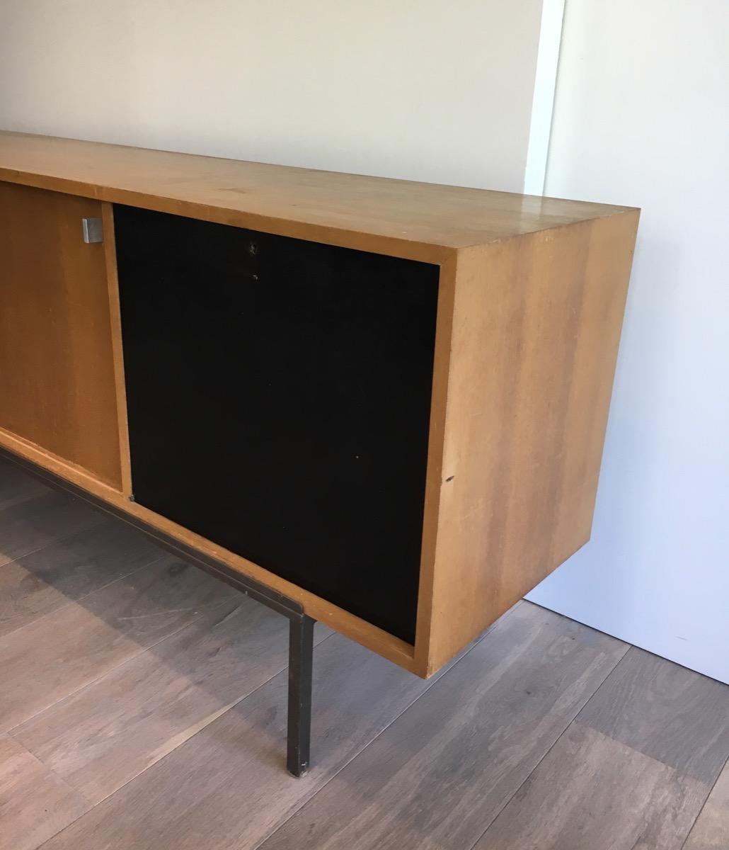 Mid-Century Modern Sideboard with Two Sliding Doors and a Bar and a Metal Base, circa 1950 For Sale