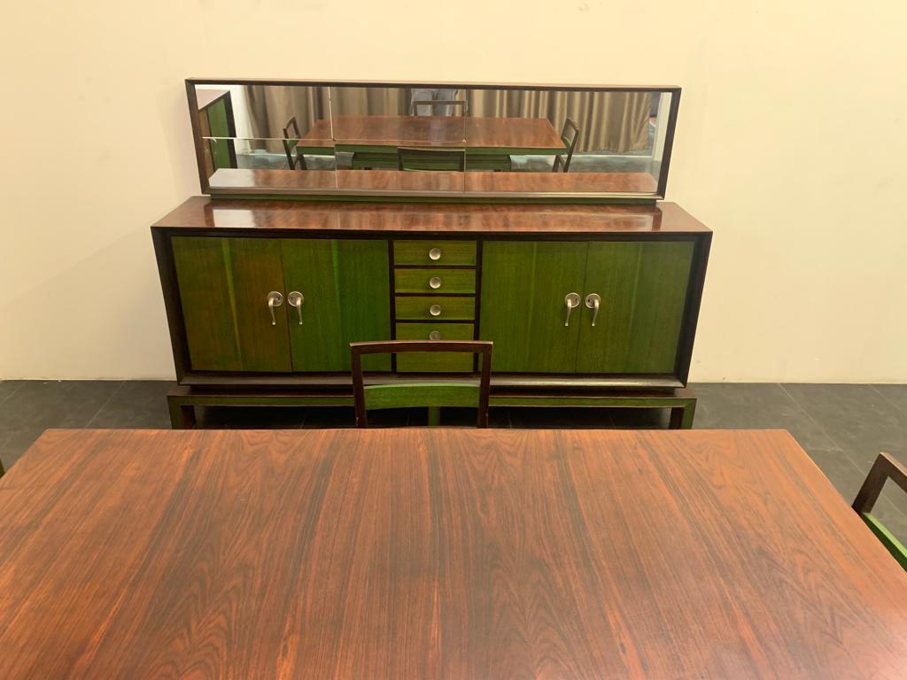 Art Deco Sideboard with Wooden Mirror with Green Aniline Handles, 1930s For Sale