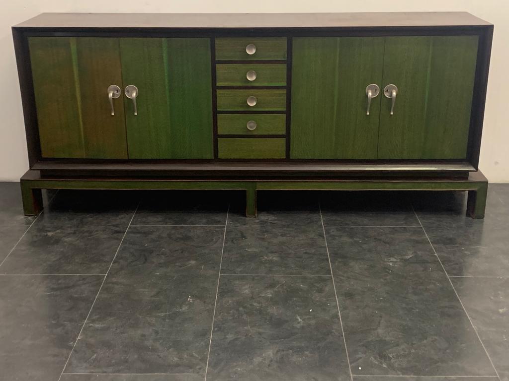 Sideboard with Wooden Mirror with Green Aniline Handles, 1930s In Good Condition For Sale In Montelabbate, PU