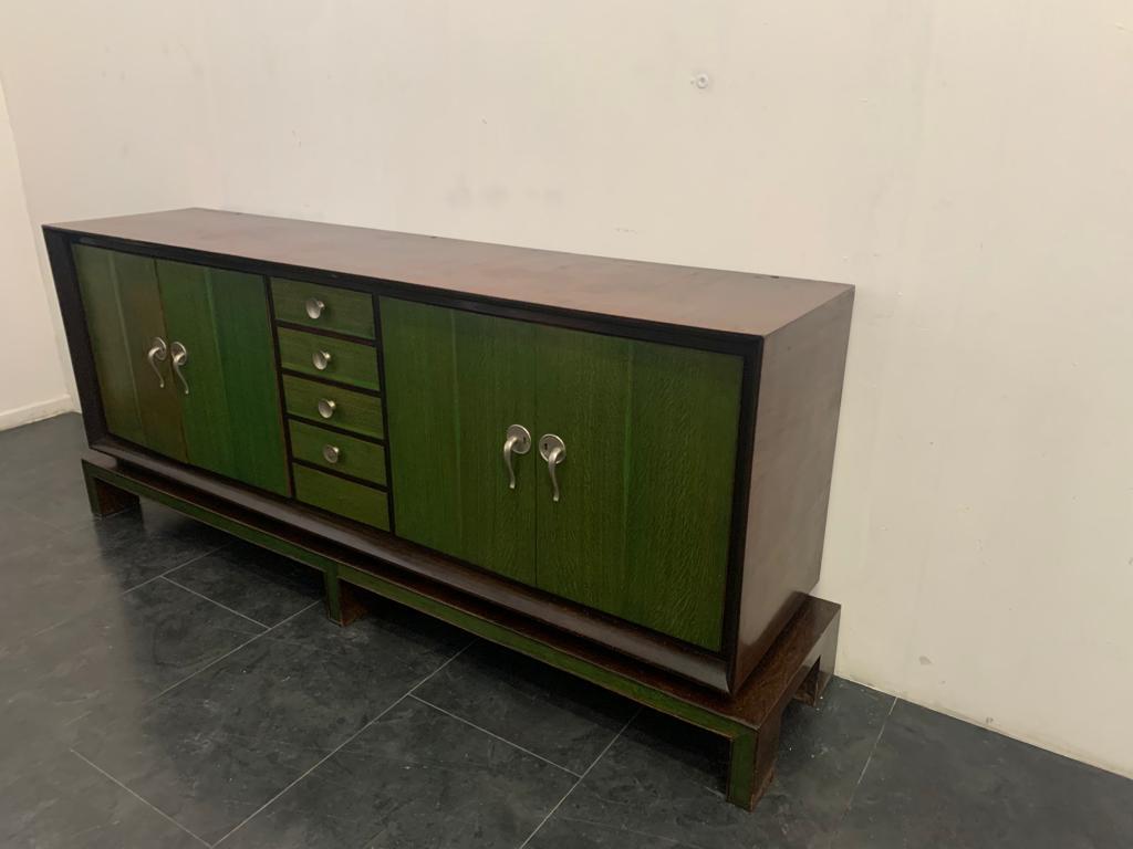 Sideboard aus Holz mit Holzspiegel und grünen Anilingriffen, 1930er Jahre (Mitte des 20. Jahrhunderts) im Angebot