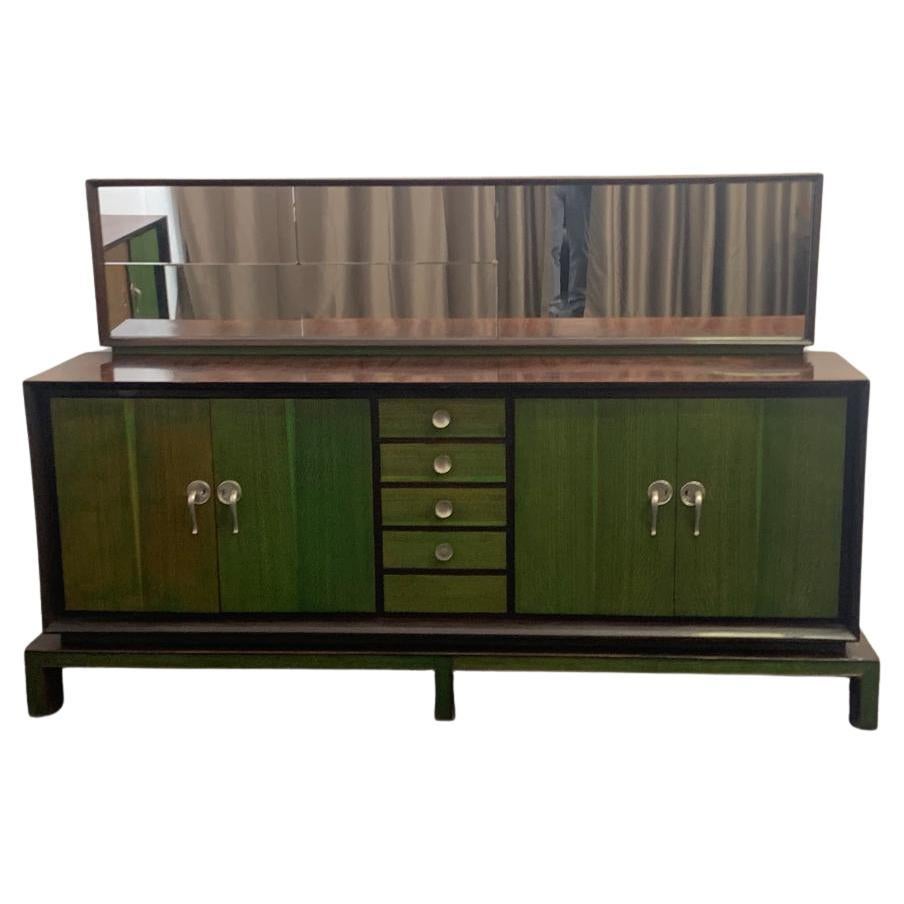 Sideboard with Wooden Mirror with Green Aniline Handles, 1930s For Sale