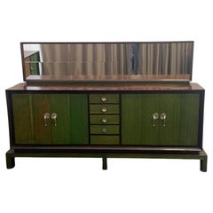 Sideboard with Wooden Mirror with Green Aniline Handles, 1930s