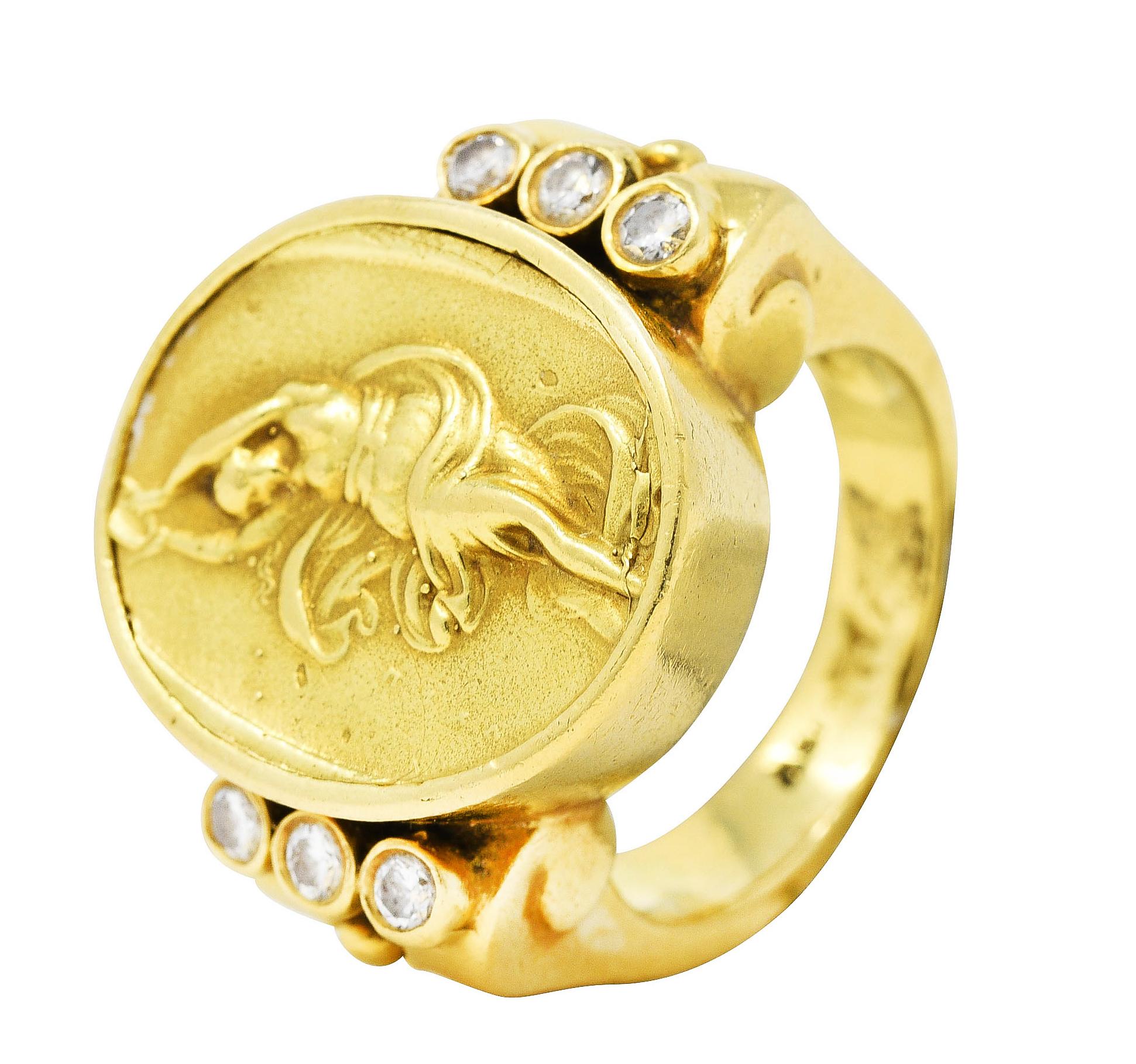 Sidengang Neoclassical Diamond 18 Karat Yellow Gold Greek Muse Signet Ring 3