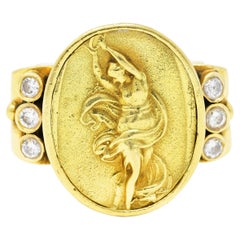 Sidengang Neoclassical Diamond 18 Karat Yellow Gold Greek Muse Signet Ring