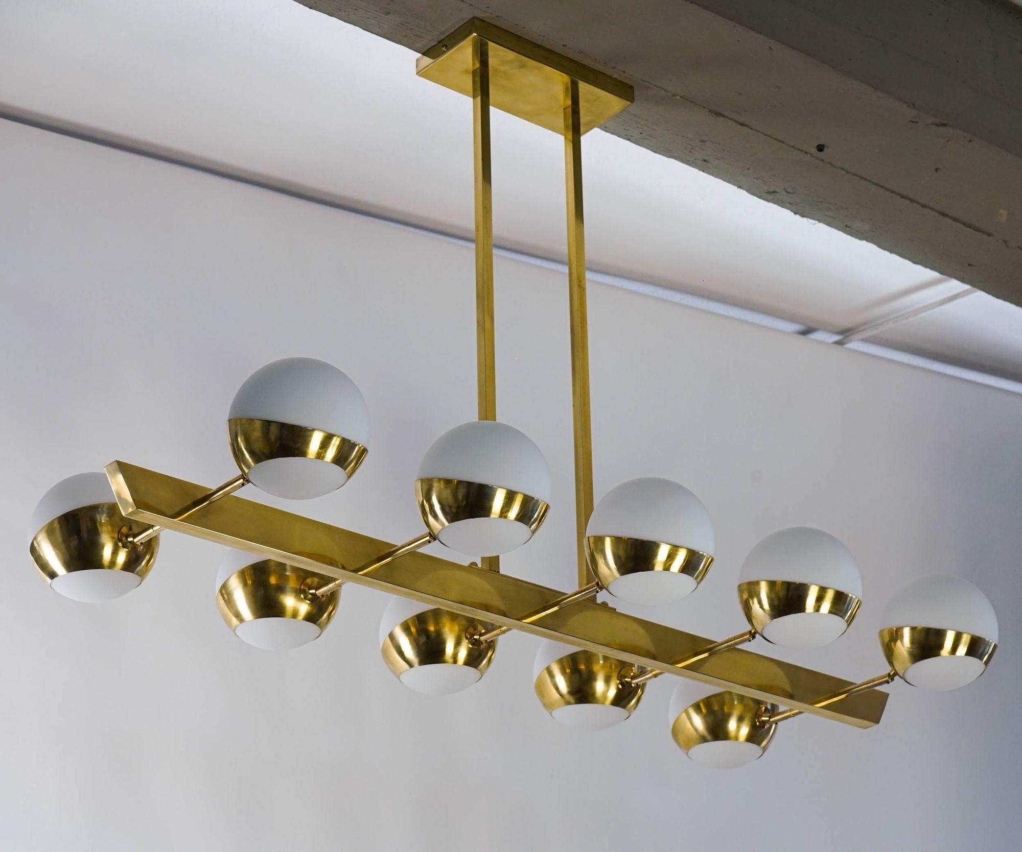 Siderale 10 lights Brass and Lattimo glass Chandelier, Silvio Piattelli Design For Sale 11